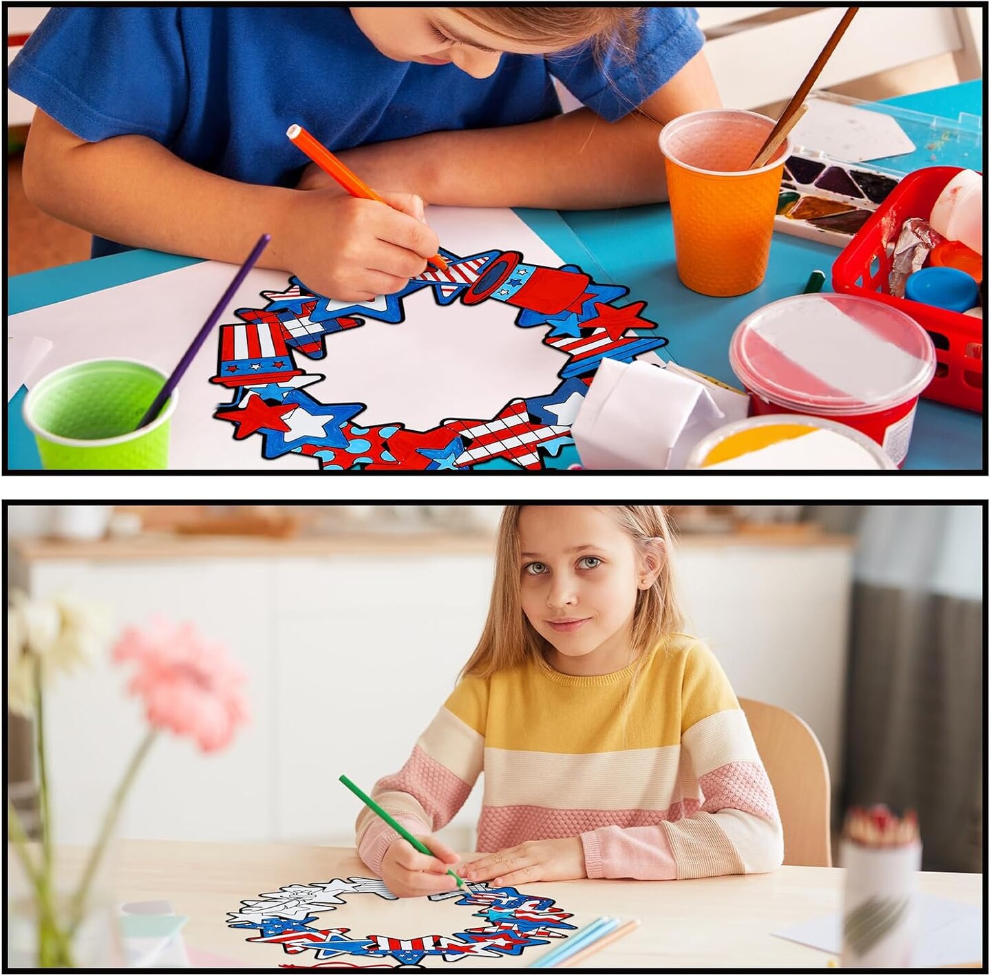 30-Piece Color Your Own Patriotic Wreath DIY Kit – Funny Fourth of July Crafts for Independence Day, Memorial Day, Holiday Party, and Home Activities