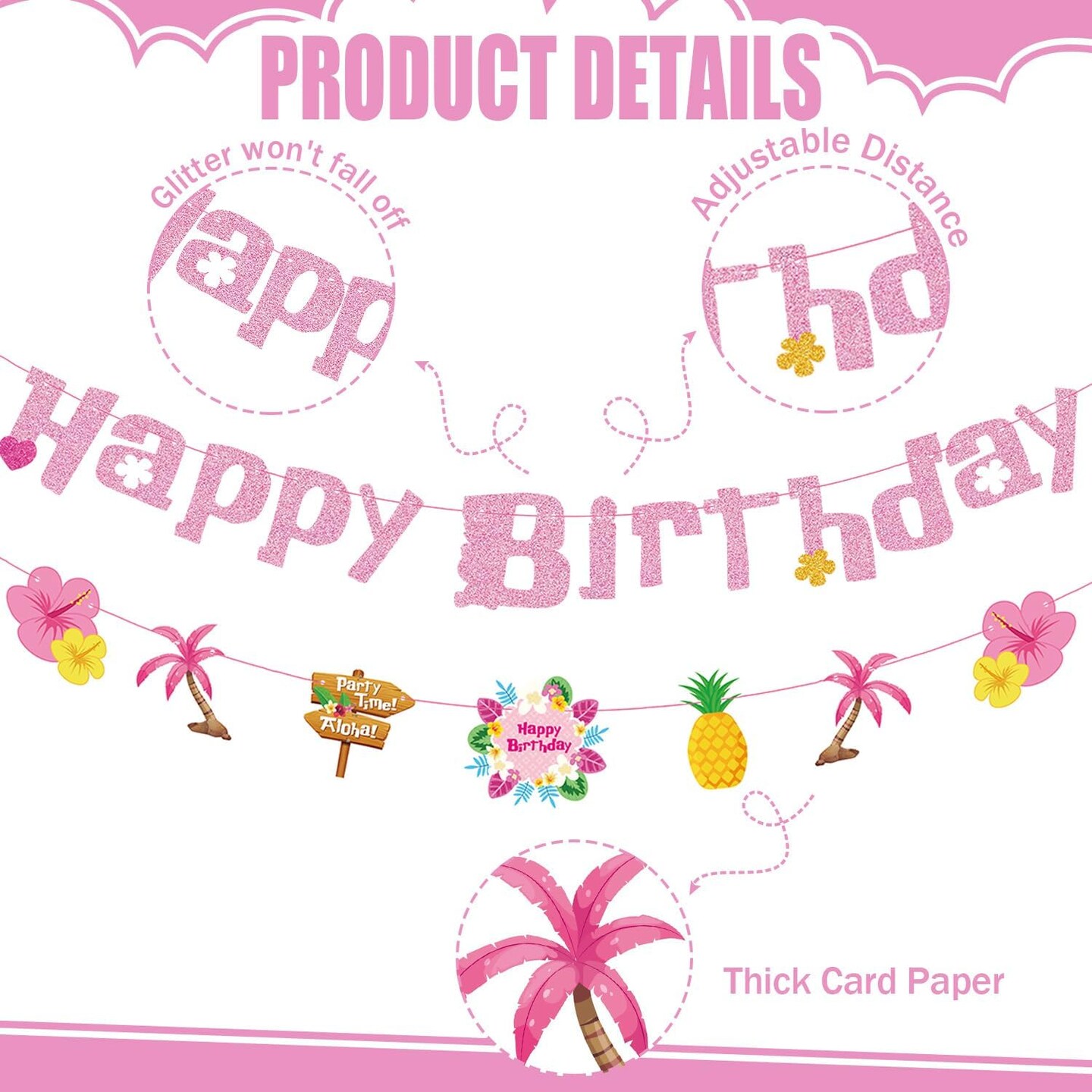 Hawaiian Birthday Banner - Pink Tropical Happy Birthday Banner