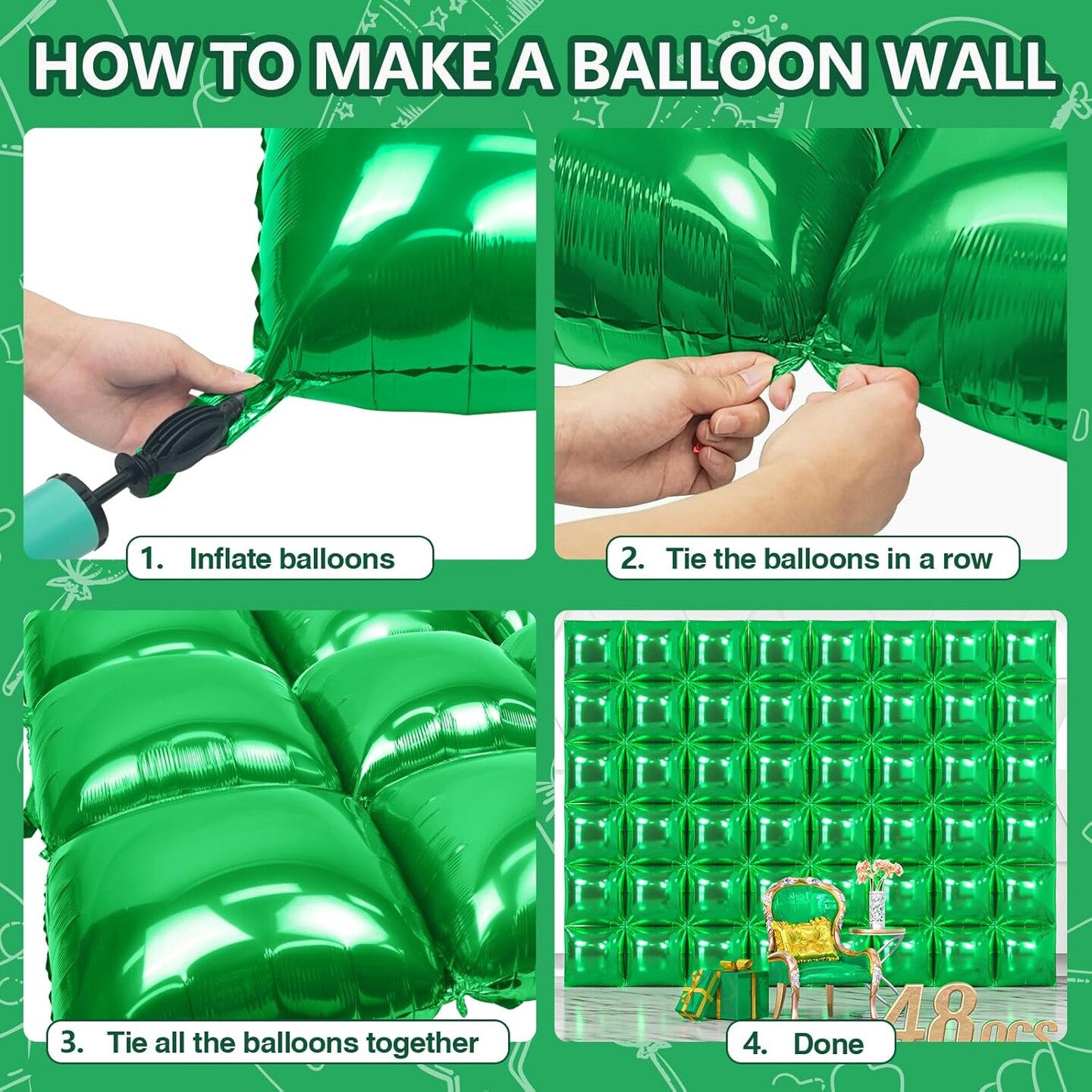 48PCS Green Square Foil Balloons, Wall Backdrop Double Sided Green Balloons