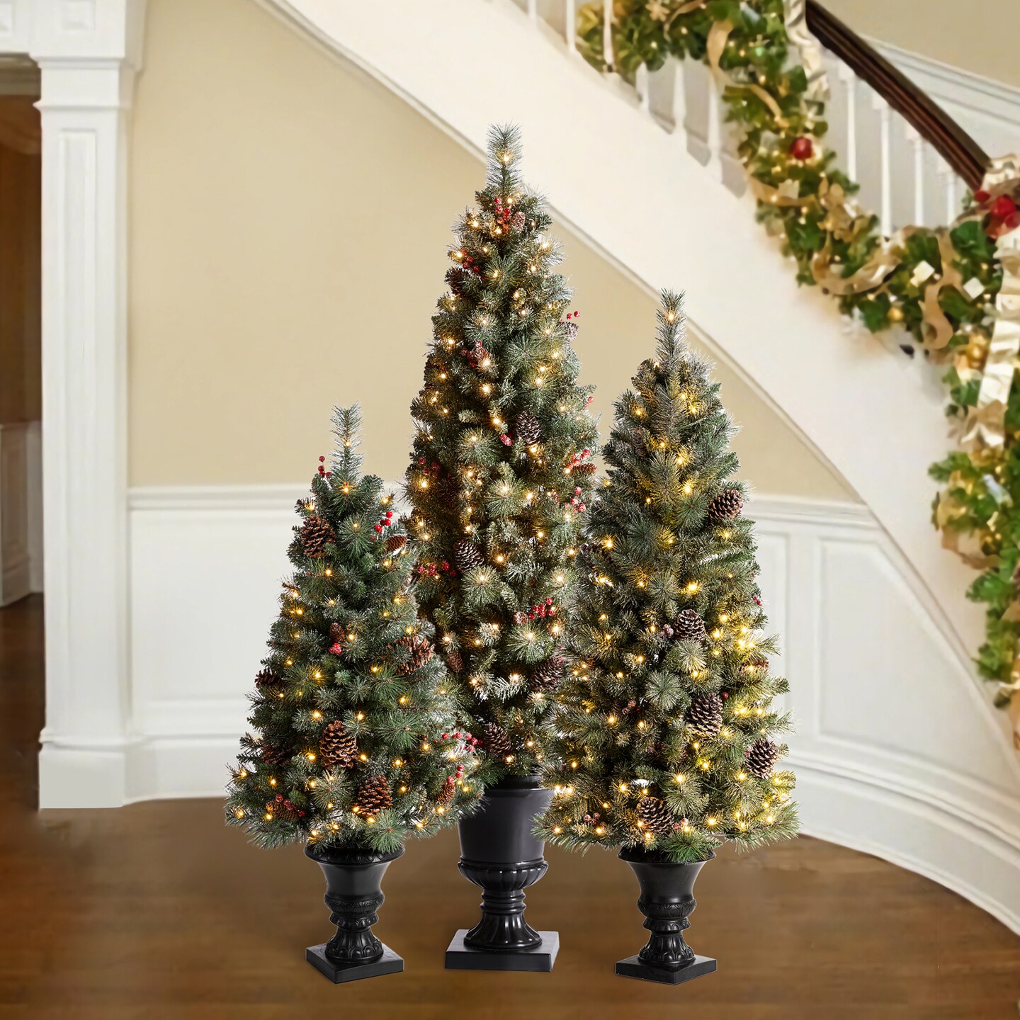 Set of 2/3 4ft/5ft/6ft Flocked Pinecone Christmas Potted Porch Tree With Warm White Lights