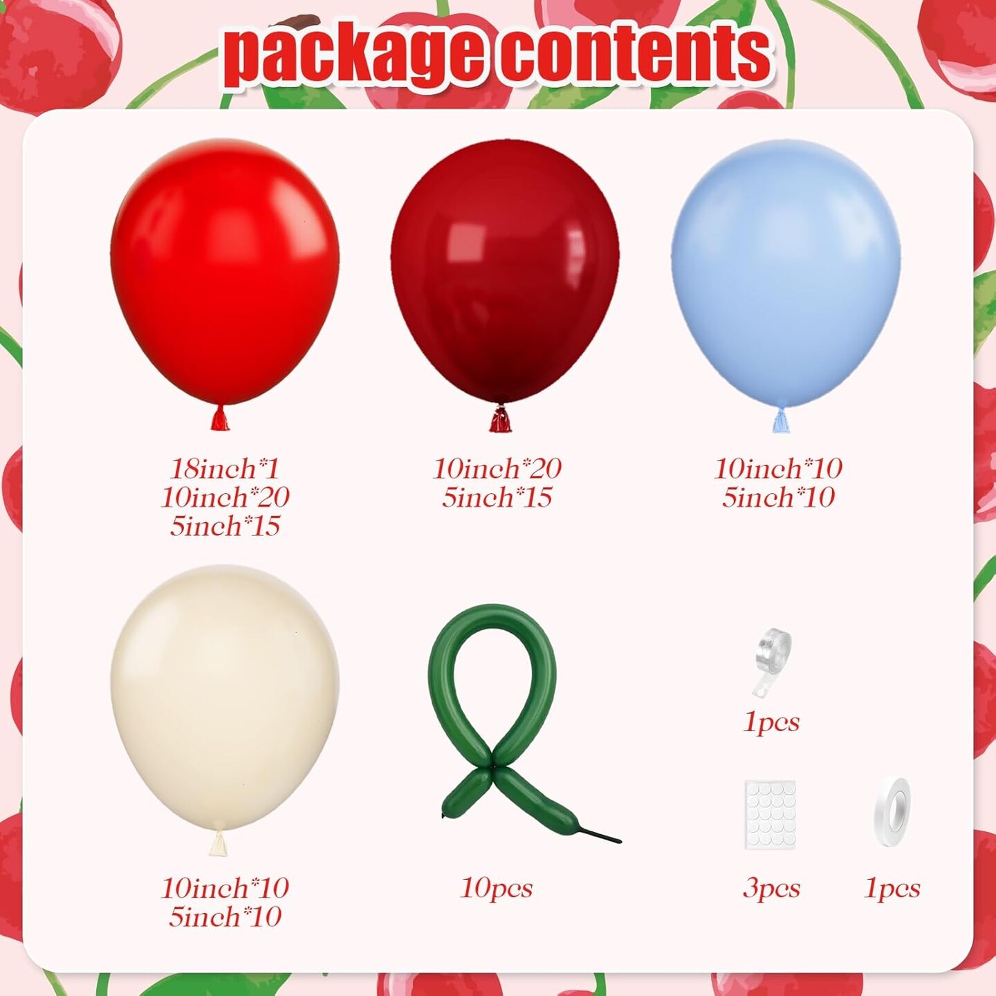Blue and Red Cherry Balloon Garland Arch Kit, Red Blue White Sand Green Long Balloons