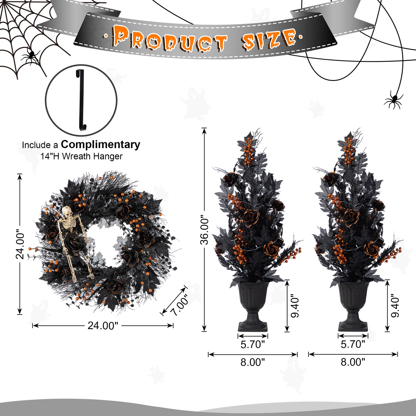 Halloween Lighted Black Rose with Orange Glitter Urn Porch Trees and Wreath/Teardrop Set