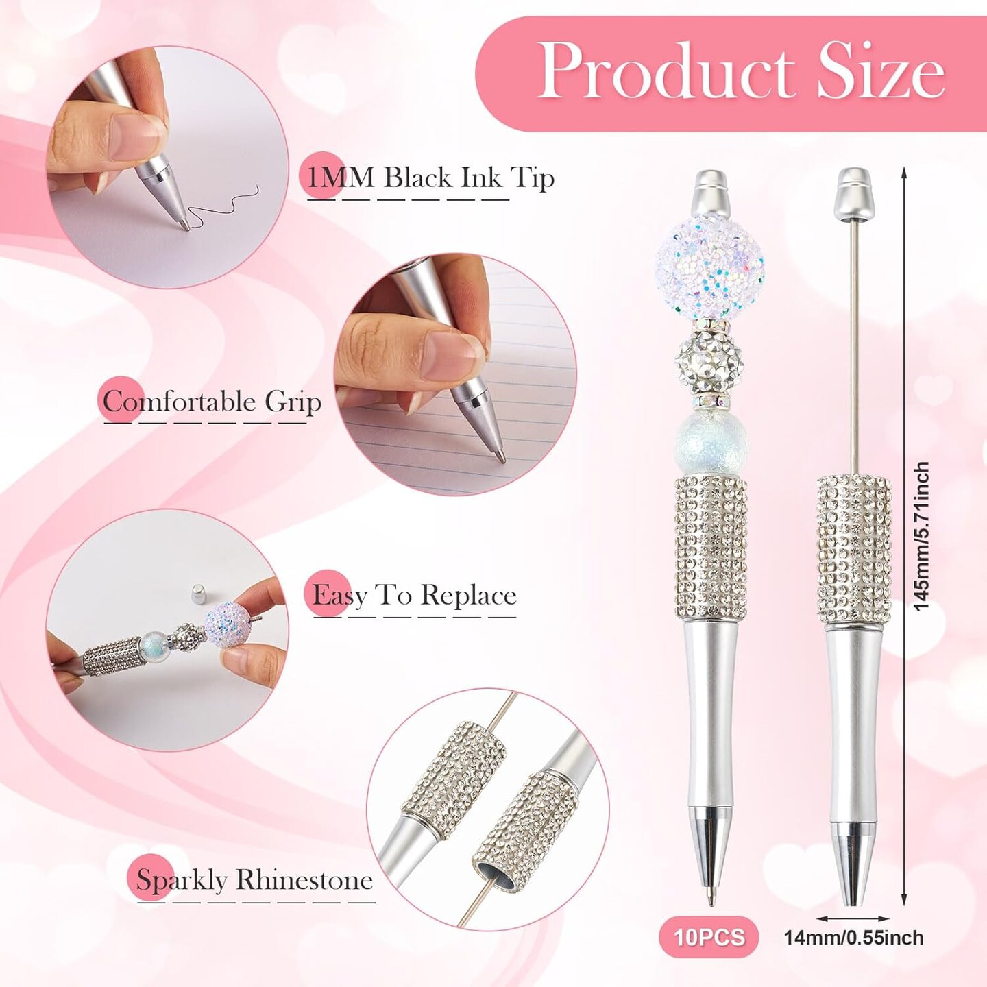 10PCS Diamond Beadable Pens – Silver Rhinestone Crystal Ballpoint Pens with Black Ink, DIY Beaded Plastic Pens for Crafts, Office, School & Personalized Gifts