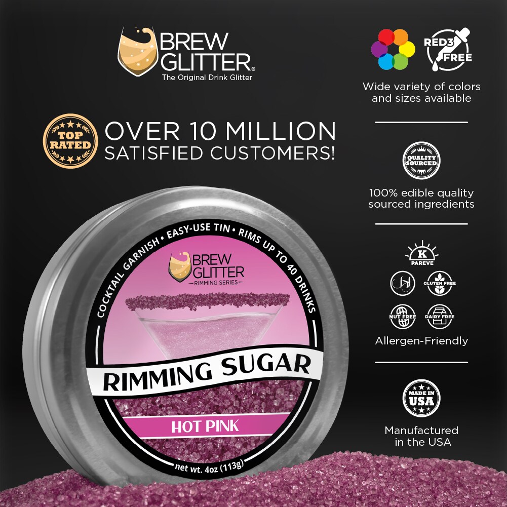 Brew Glitter - Hot Pink Rimming Sugar (4oz, 1x Bar Tin) Cocktail Garnish for Mixed Drinks & Refreshment