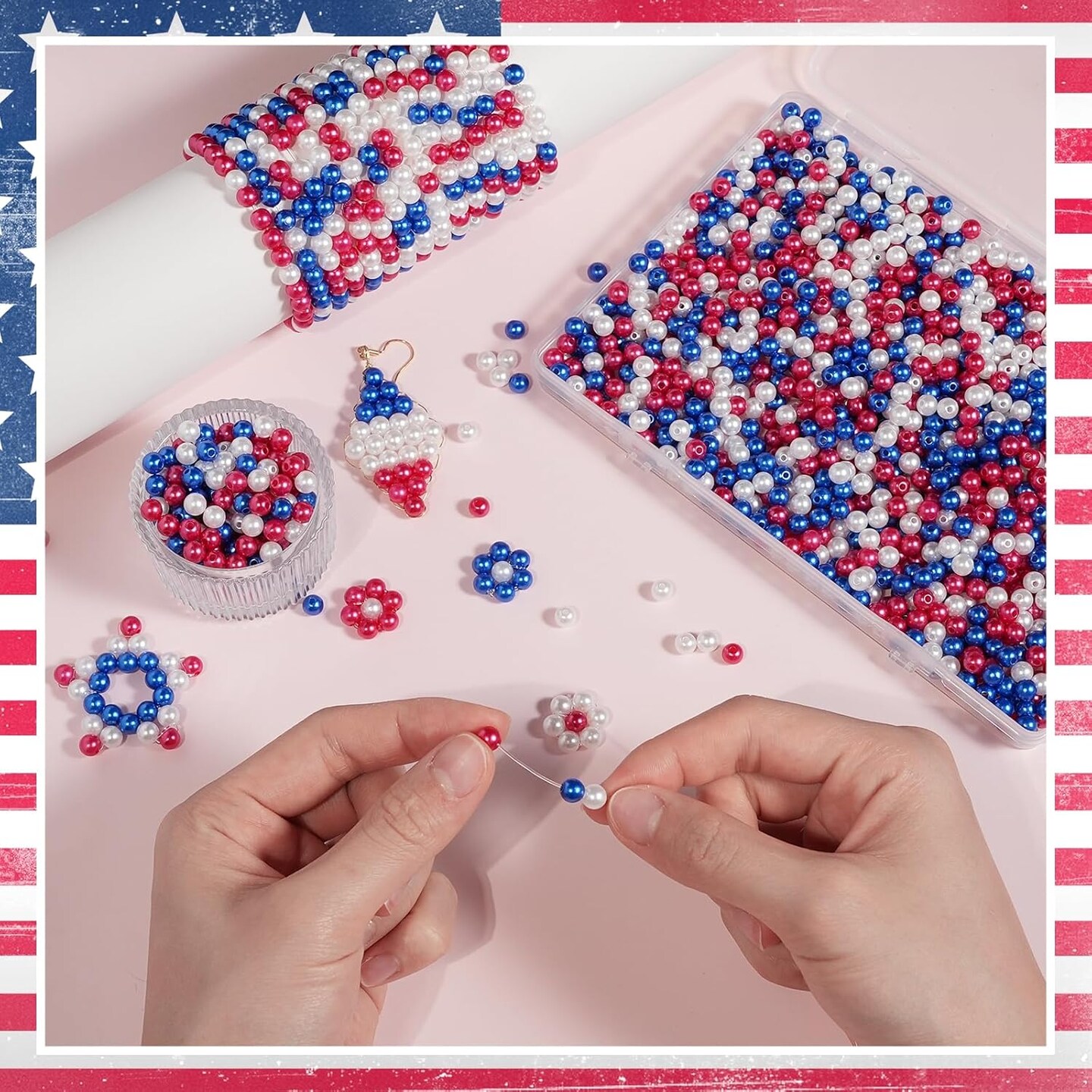 1500pcs Red White and Blue Beads