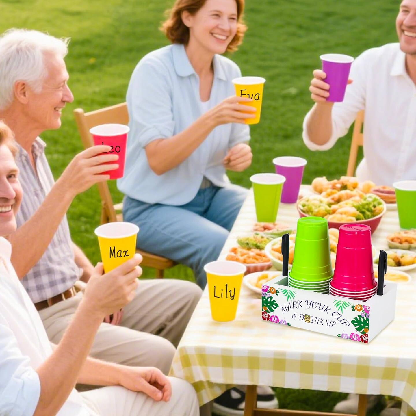 Hawaiian Luau Double Cup Holder with Marker Slot and Marker Pen, Tiki Party Supplies Decorations