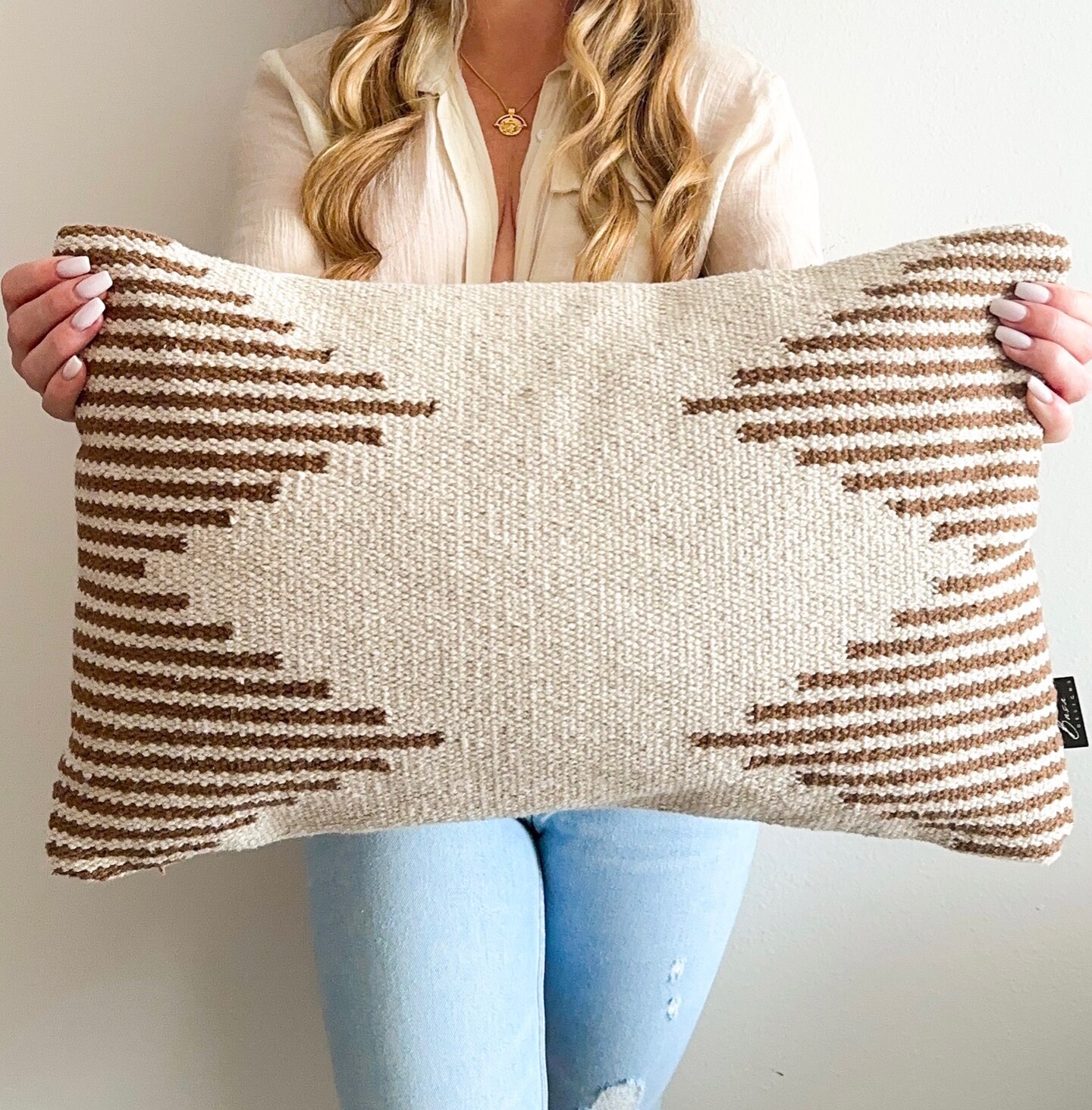 Brown & Beige Striped Modern Boho 12x20" Lumbar Pillow Cover – Handmade, Canvas Backing, Hidden Zipper