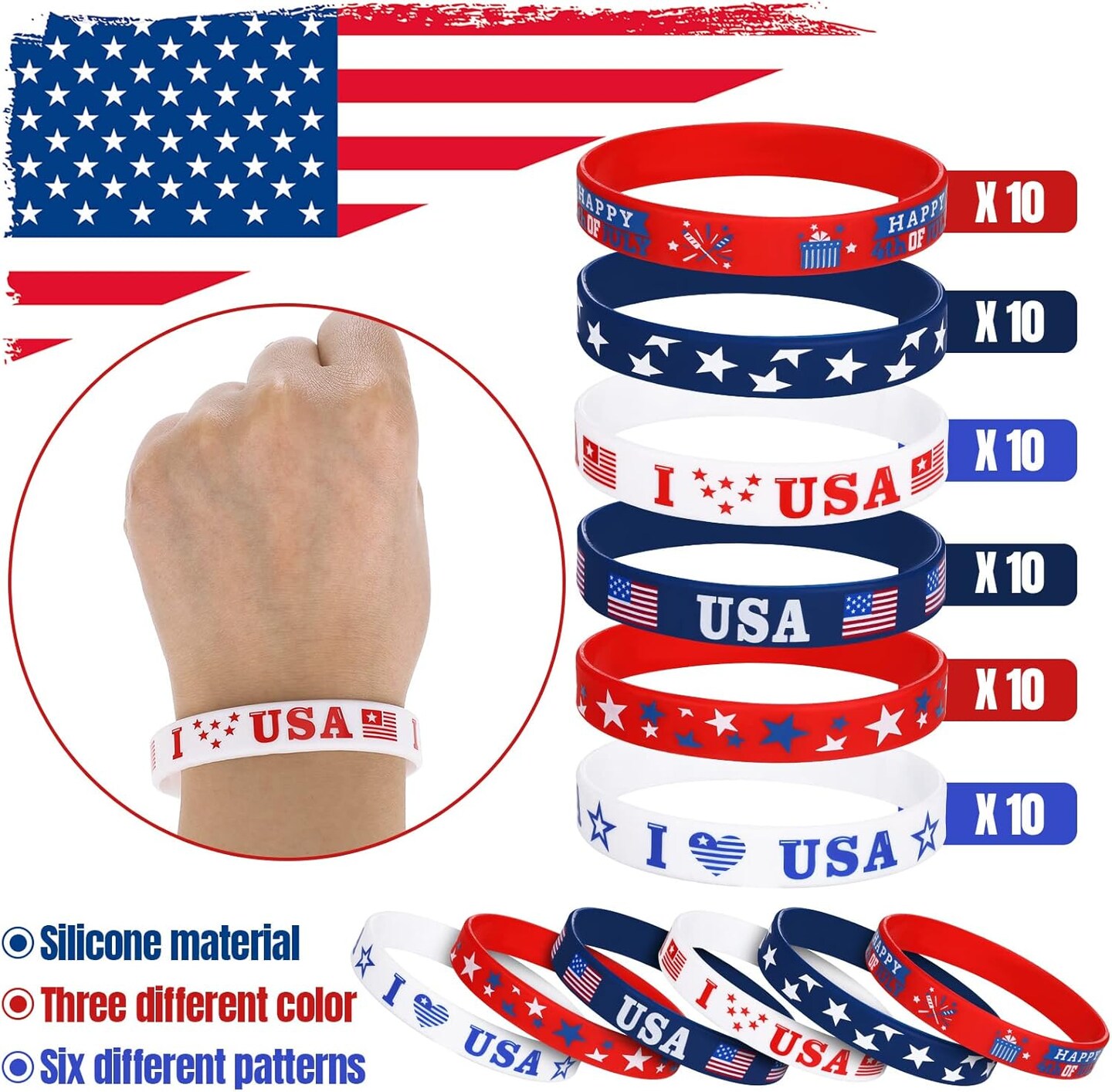 60 Pcs 4th of July Patriotic Bracelets USA American Flag Red White and Blue Star Silicone Bracelets Memorial Day Rubber Wristband for 250th Anniversary Independence Day Party Favors