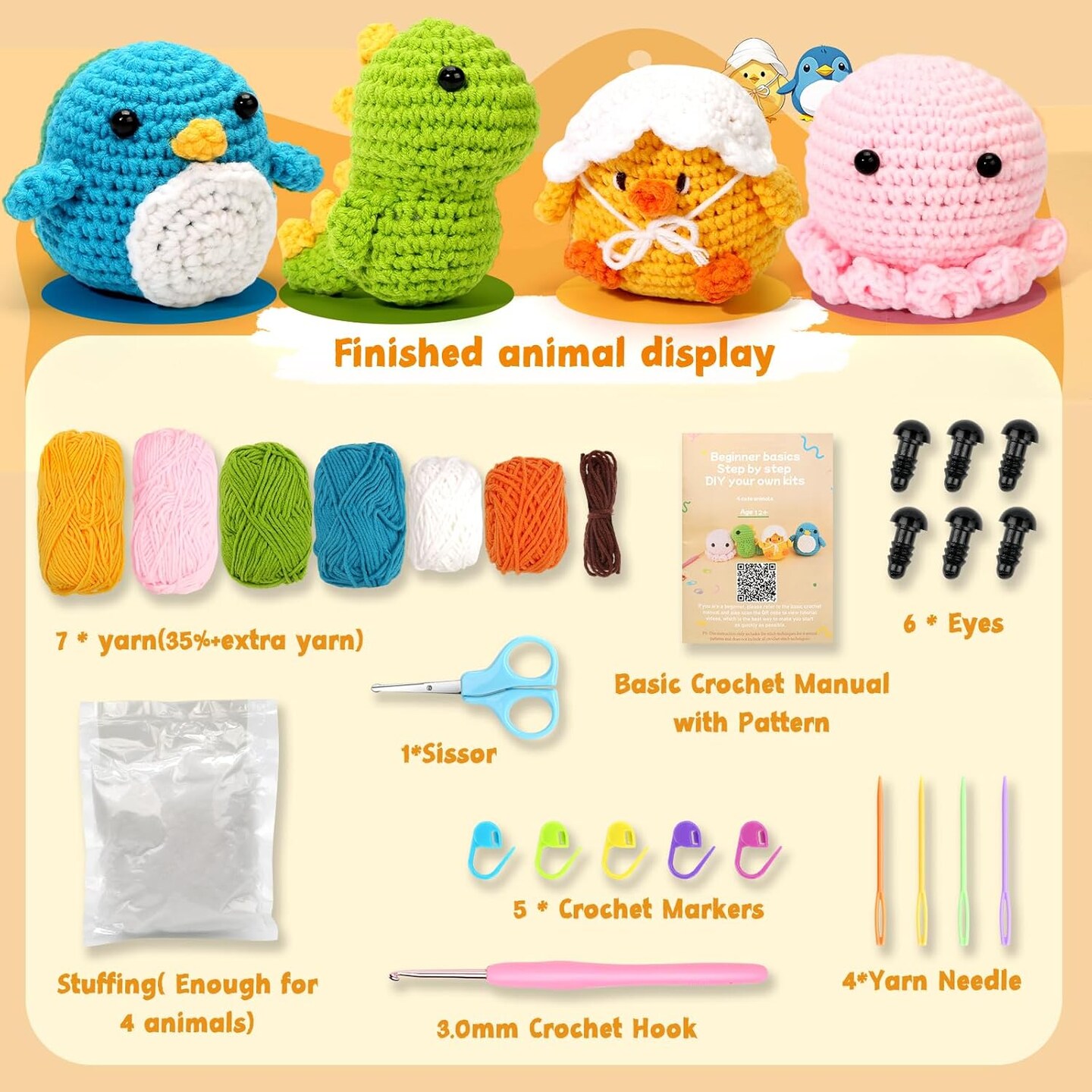 Crochet Kits for Beginners - 4 Cute Patterns with Extra Yarn