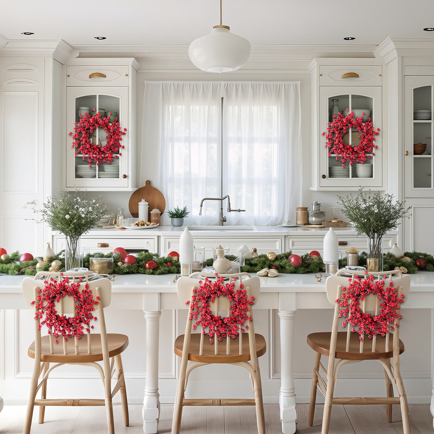 Set of 5 Christmas Red Berries 41&#x22;H Porch Tree &#x26; 6ft Garland &#x26; 25&#x22;D/14&#x22;D Wreath Set