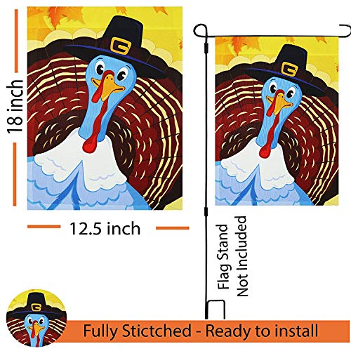 G128 - Home Decorative Thanksgiving Garden Flag, Joyful Pilgrim Turkey Decoration, | 12x18 Inch | Printed 150D Polyester - Rustic Holiday Seasonal Outdoor Flag