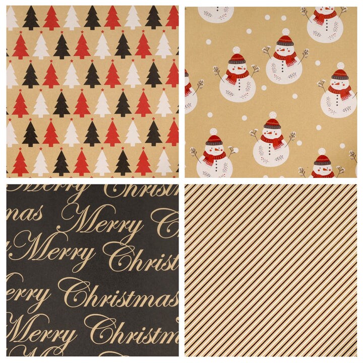 LaRibbons 30" x 10' Holiday Wrapping Paper Bundle (4-pack) | Black and Red Kraft w/ Snowman and Trees