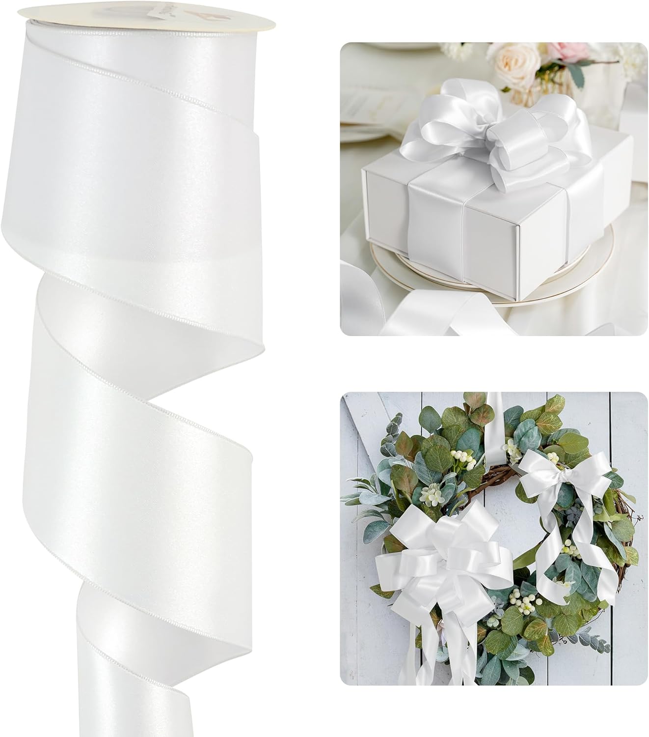 White Wired Satin Ribbon 2.5 inch Double-Faced Satin