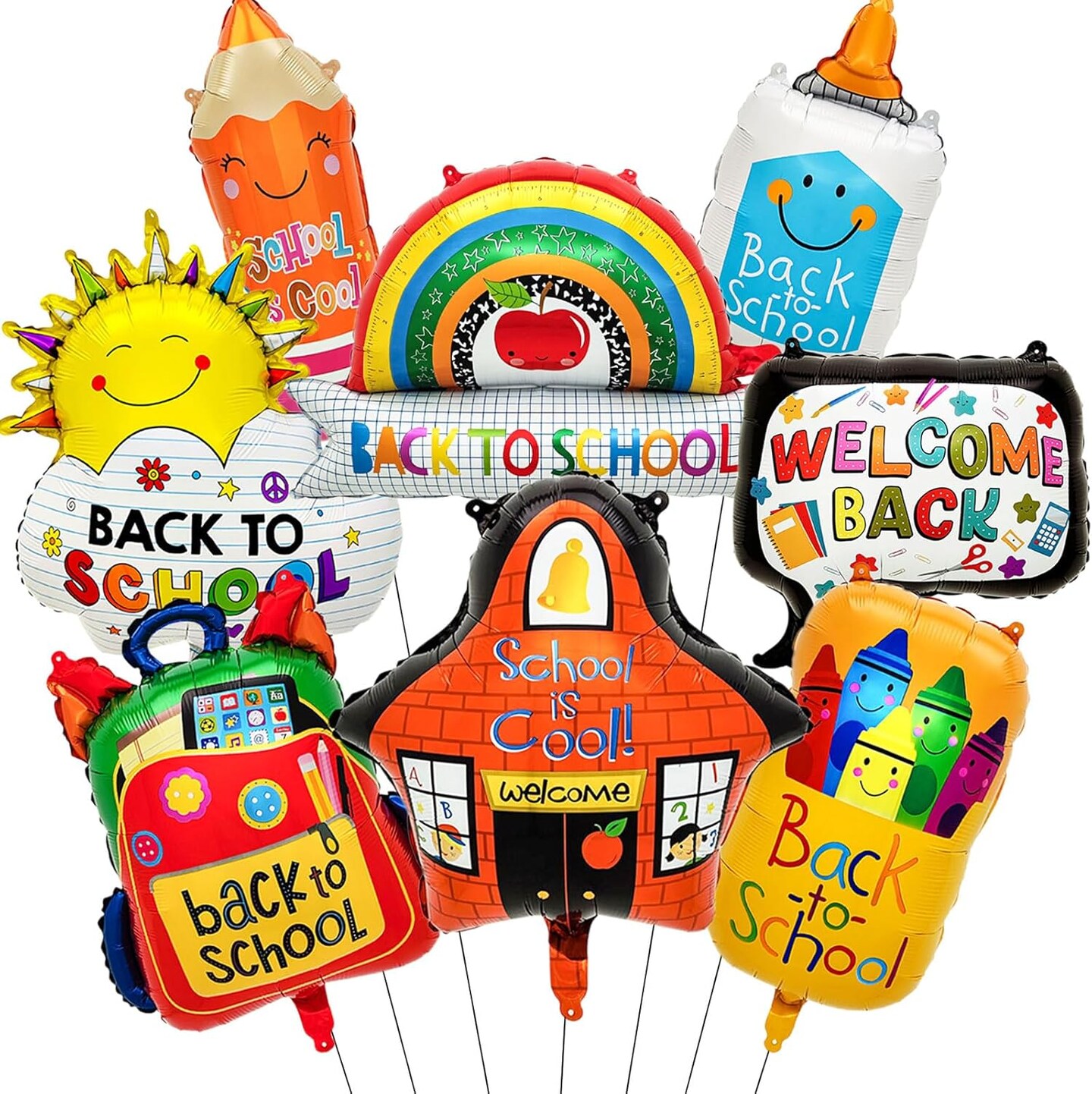 8PCS Back To School Balloons, Pencil Crayon School Bag Foil Balloons