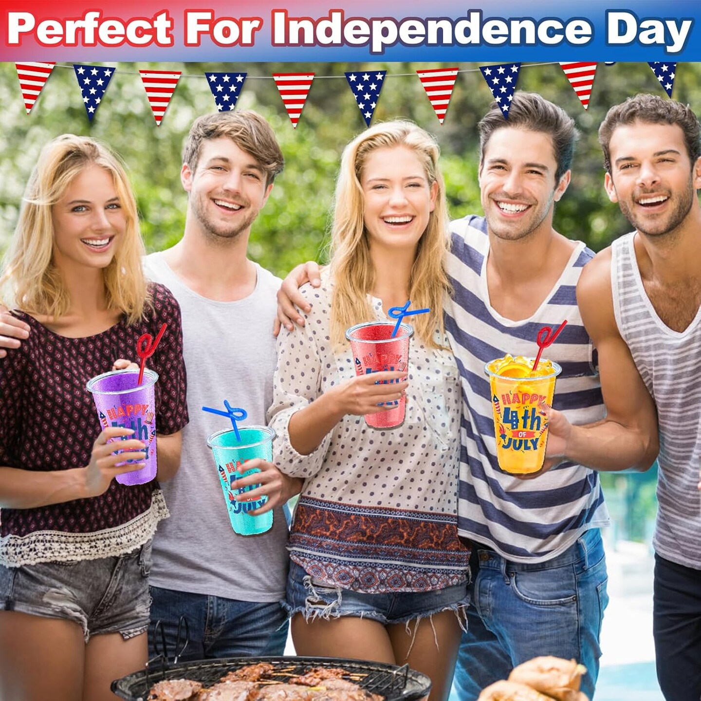100Pcs USA 250th Anniversary 4th of July Decorations Patriotic Party Supplies, 50Pcs 16oz 4th of July Party Cups Patriotic Disposable Plastic Cups 50Pcs Red Blue Straws Independence Day Memorial Day