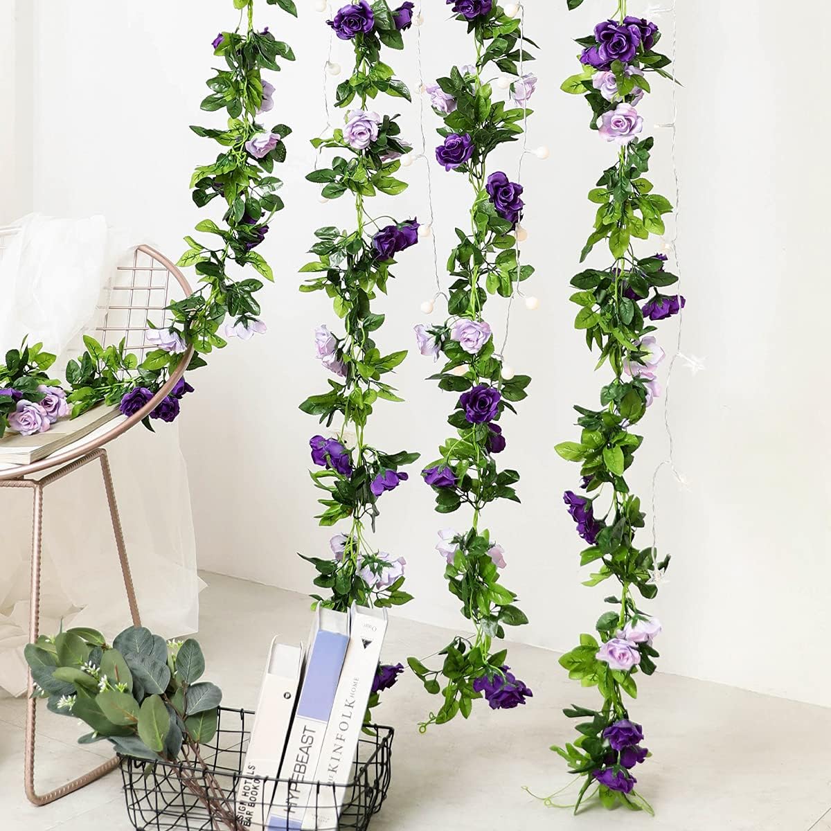 2 Pack Artificial Eucalyptus Garland with Flowers, 5.9ft/pcs Faux Silver Dollar (Grey Green With Flowers)