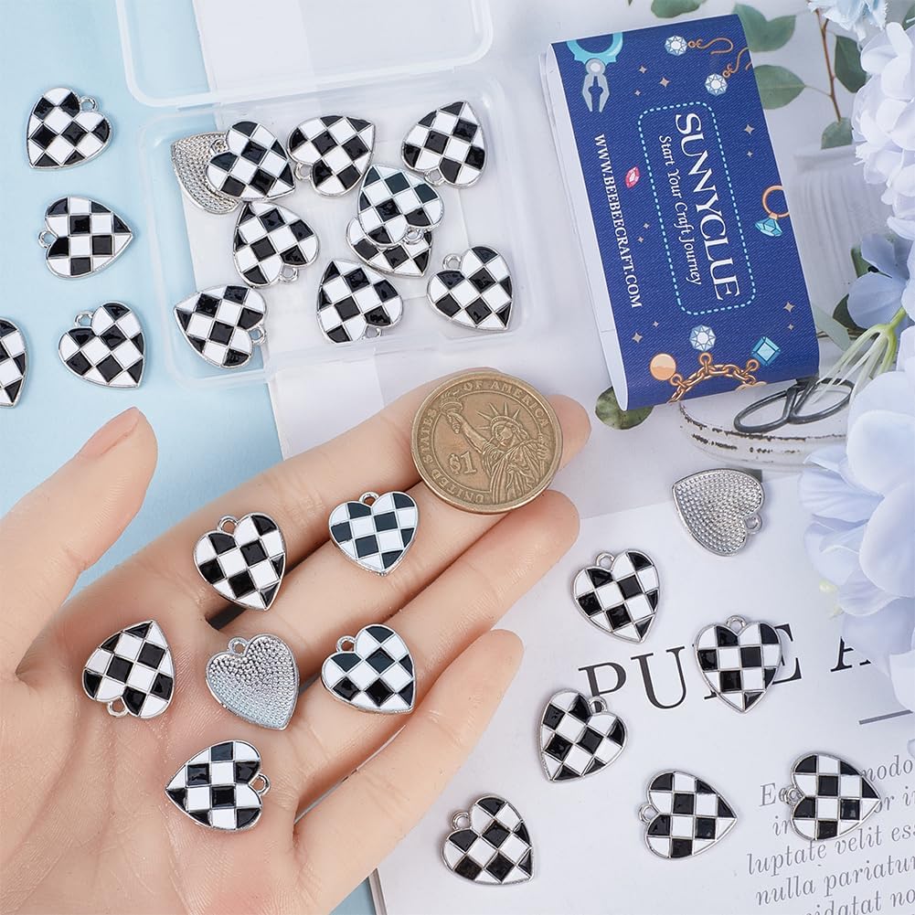 1 Box 30Pcs Checkered Charms Bulk Black and White Heart Charm Metal Enamel Hearts Love Chic Racing Flag Charms for Jewelry Making Charms Keychain Earrings Accessories Wedding Women Beginners