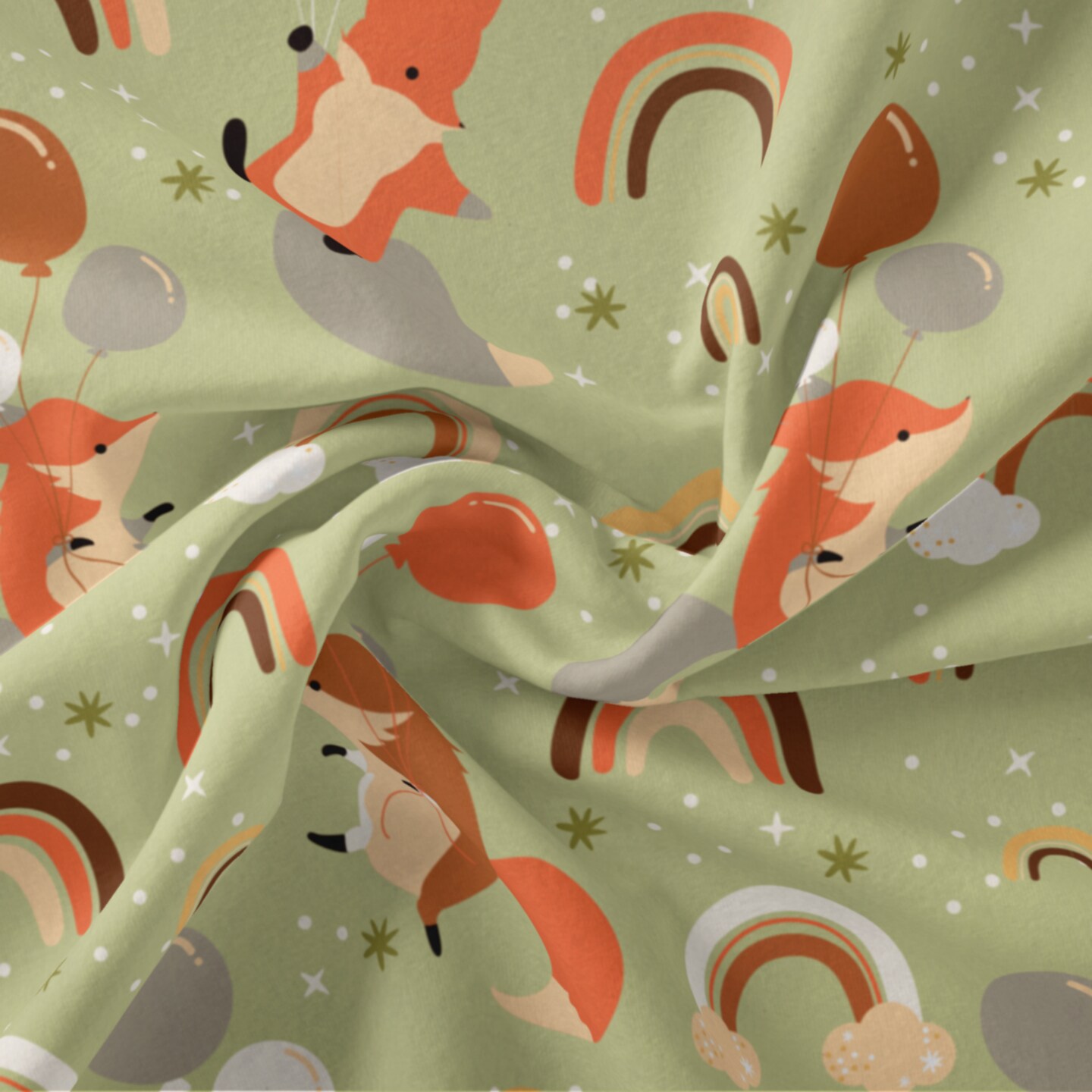 DAVID TEXTILES FOXES AND RAINBOWS GREEN FLANNEL 6 YD BOLT