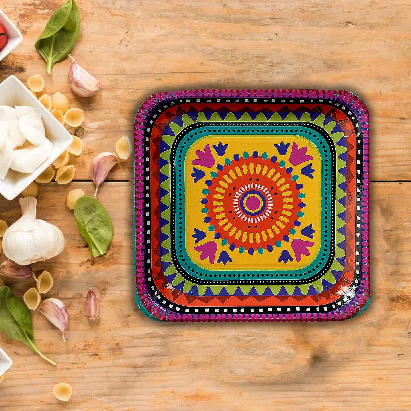 8 Ct. Fiesta Party Square Paper Dessert Plates 7" Colorful Disposable Tableware