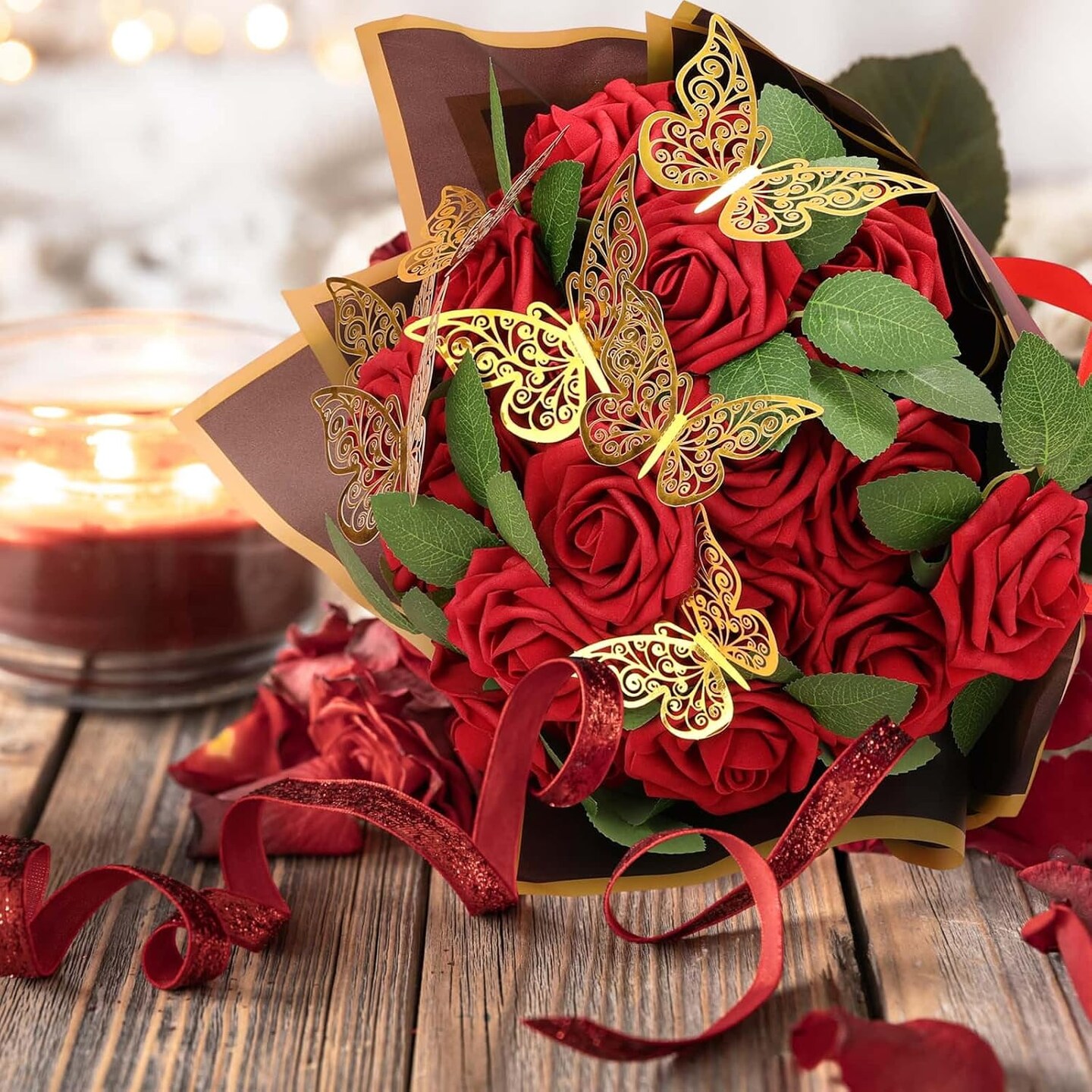 Bouquet Wrapping Paper with Artificial Foam Roses Red Flowers with Stems Gold Butterfly