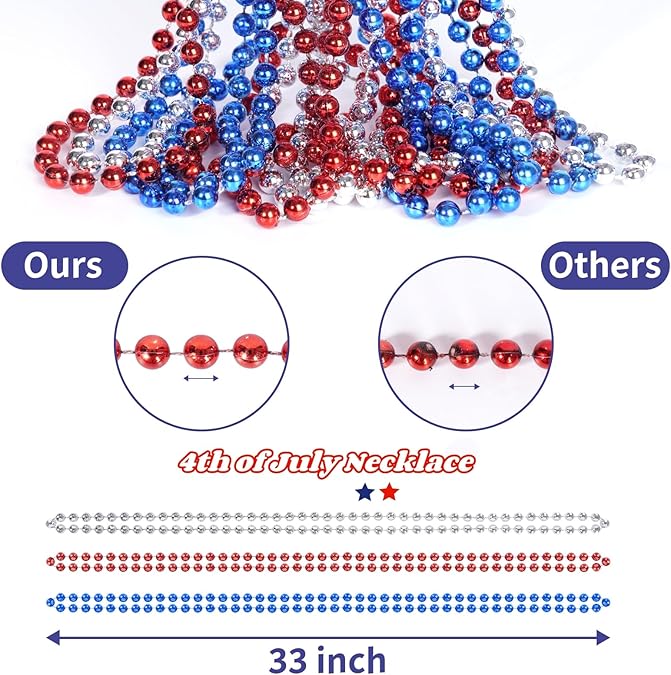 33 Inch - 72 PCS Patriotic Bead Metallic Necklaces for 4th of July