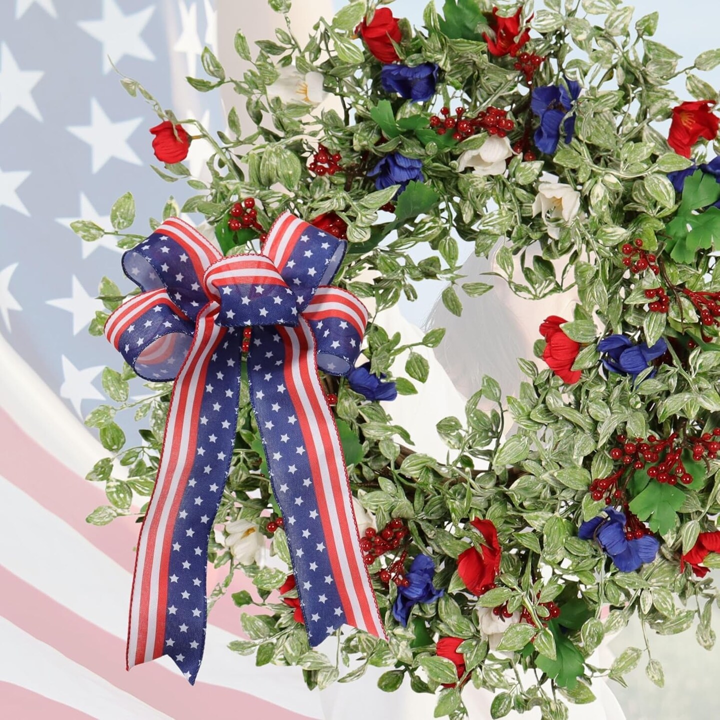 22 Inch Memorial Day Decorations Patriotic American Flag Wreath with Greenery