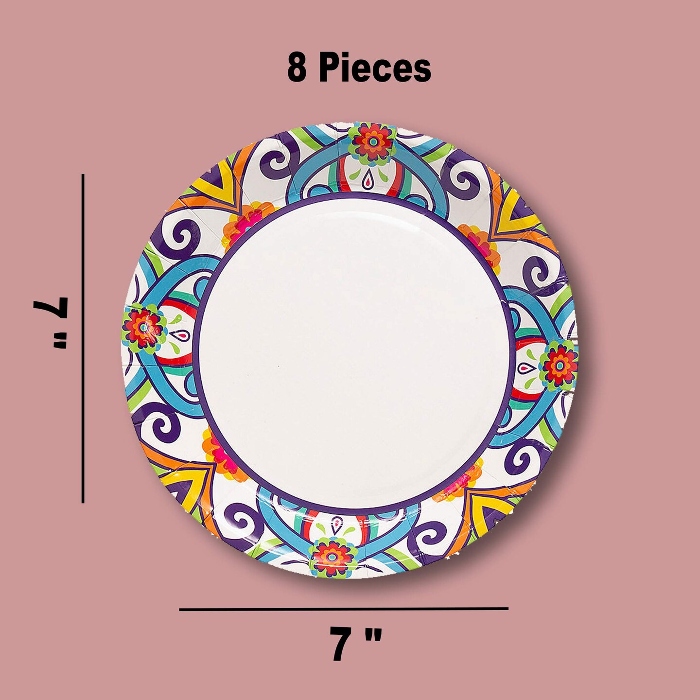 8 Ct. Colorful Fiesta Paper Dessert Plates 7" Vibrant Cinco de Mayo Party Tableware