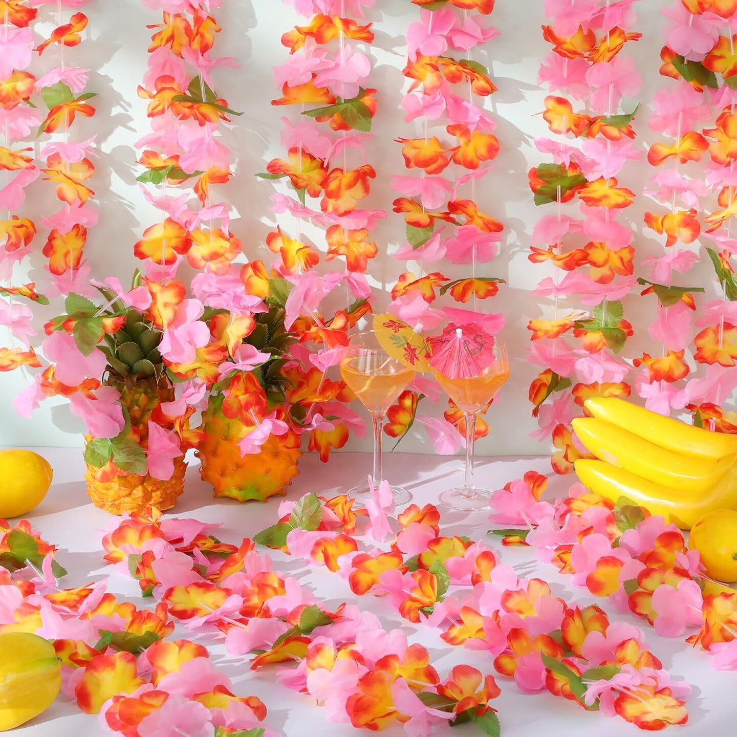 80 Pcs Hawaiian Leis for Luau Party Hawaiian Flower Lei Necklaces Bracelets Headbands Supplies Decorations(Orange and Pink)