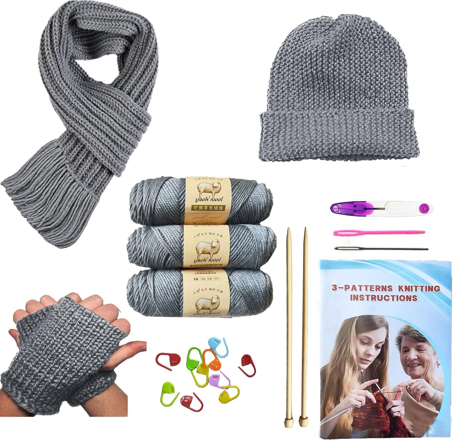 Knitting Kit for Beginners Adults &#x26; Kids (Gray)