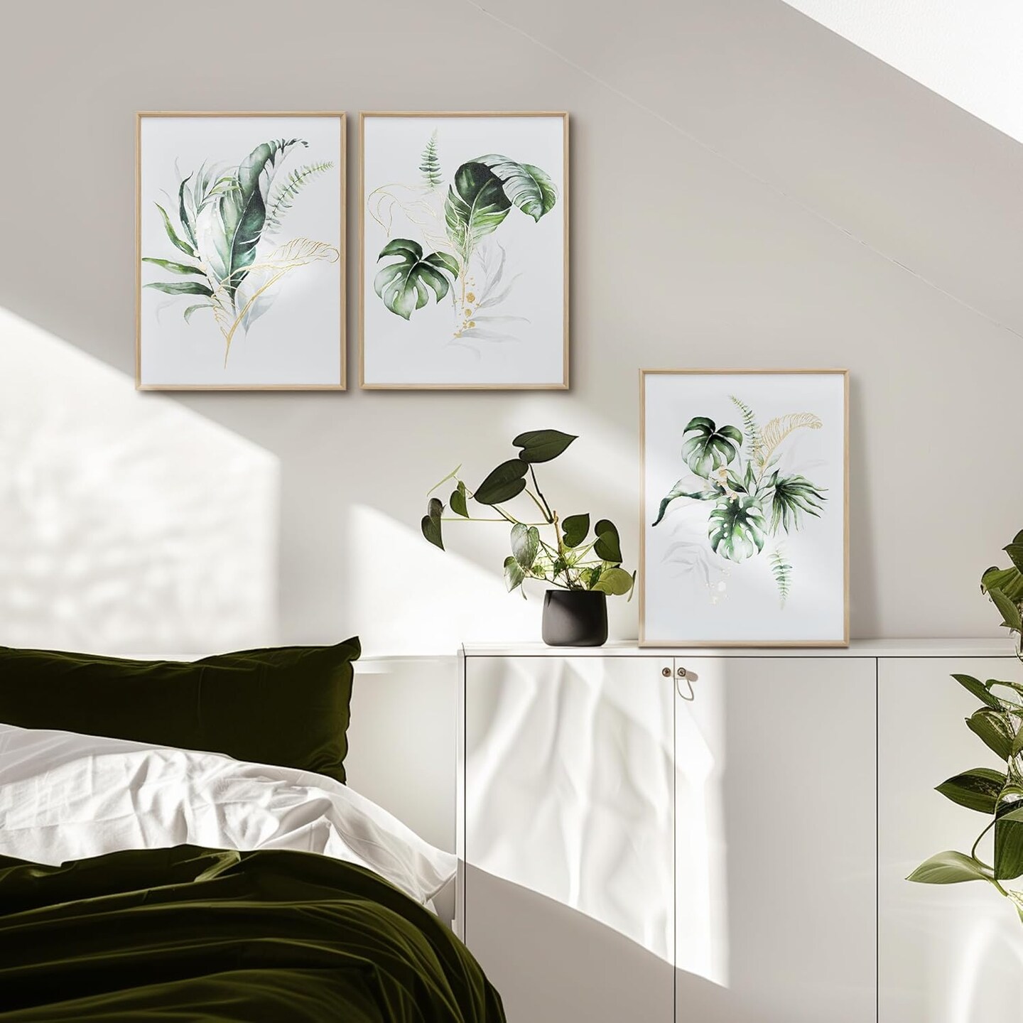 Botanical Canvas Paintings Wall Decor with Green and Gold Glided Textured Modern Nature Pictures Plant Prints