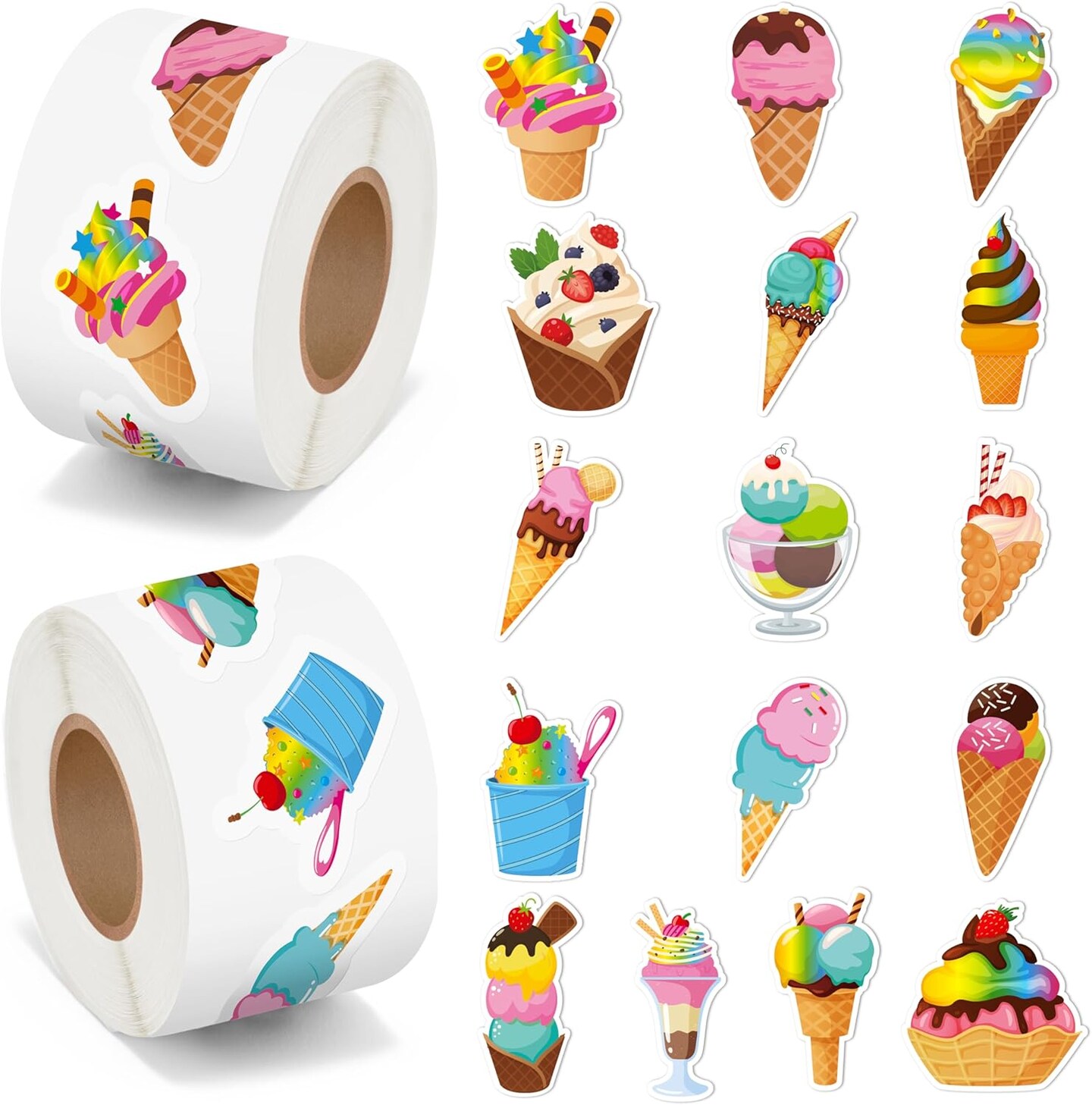 1000Pcs Ice Cream Stickers in 2 Rolls Waterproof Vinyl Sweets Themed Cute Dessert Decals