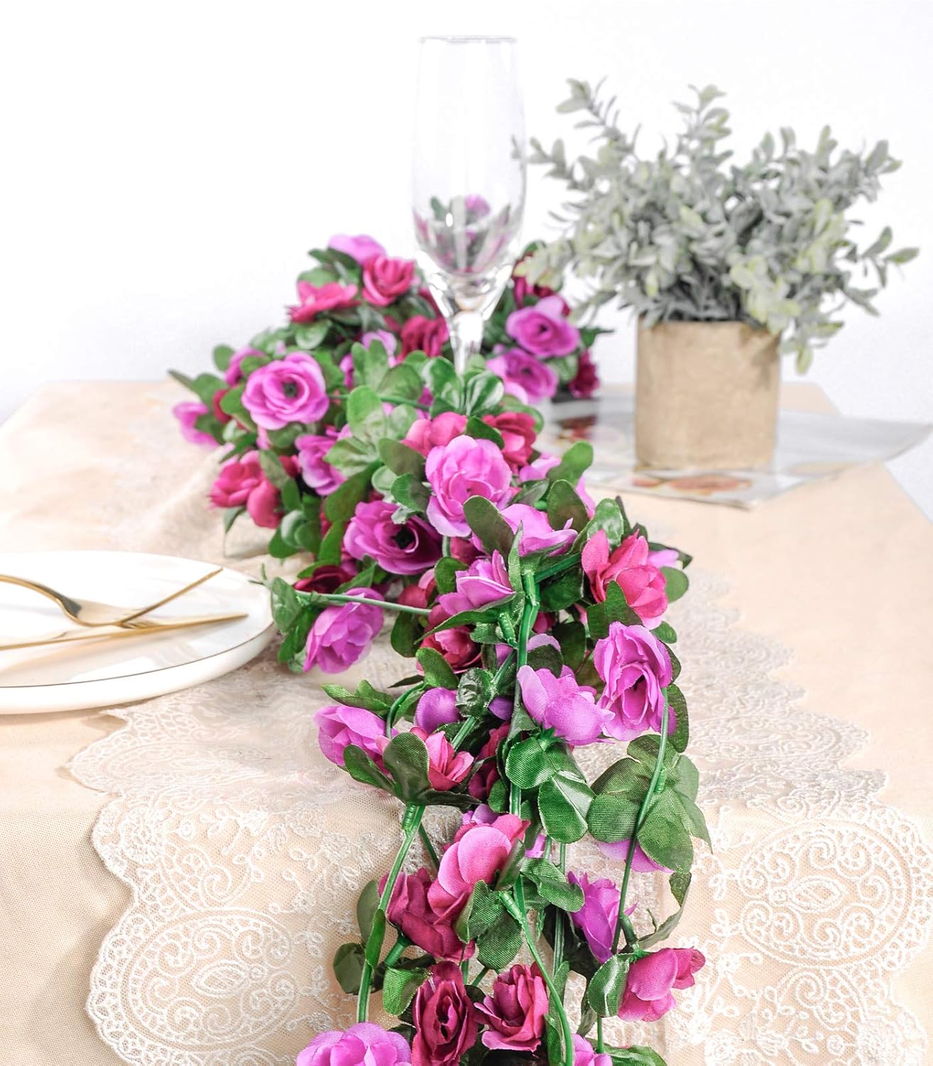 8Pcs 66FT Purple Flower Garland, Artificial Rose Floral Vines Fake Hanging Spring Flower Garland for Wall Backdrop Wedding Arch Tea Party Door Mantle Decoration