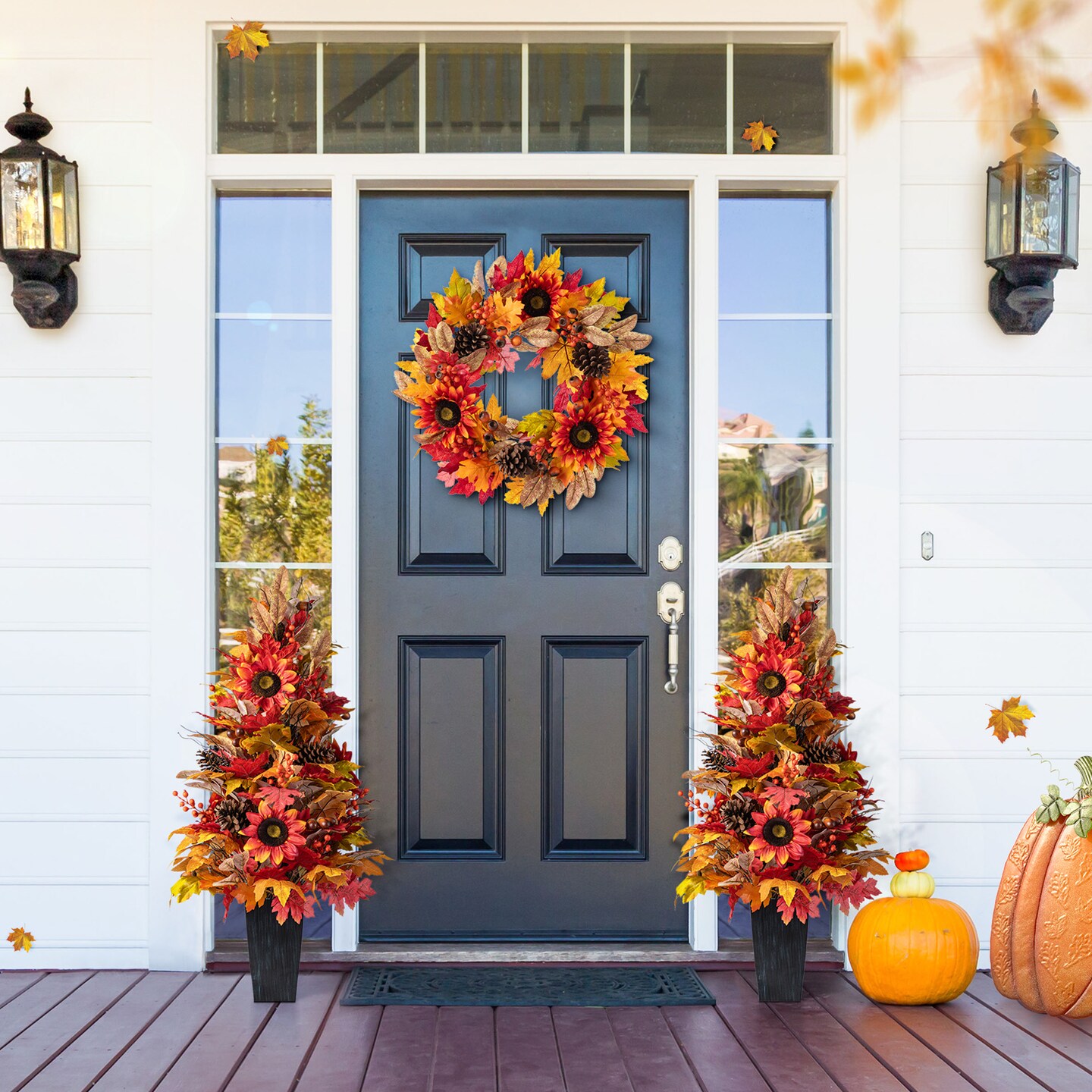 Fall Sunflower Pinecone and Berry 36&#x22;H Porch Tree &#x26; 24&#x22;D Wreath