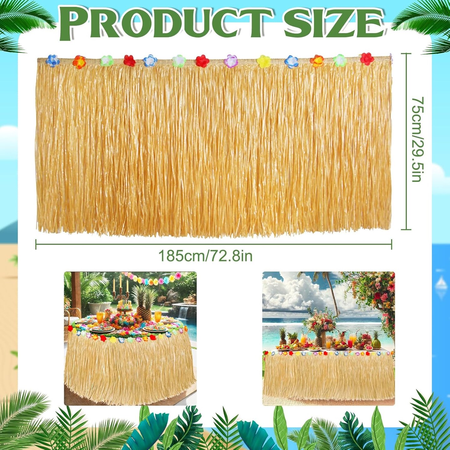 Luau Party Decorations, Grass Table Skirt for Tropical Hawaiian Party Decorations (72.8&#x27;&#x27; X 29.5&#x27;&#x27; )