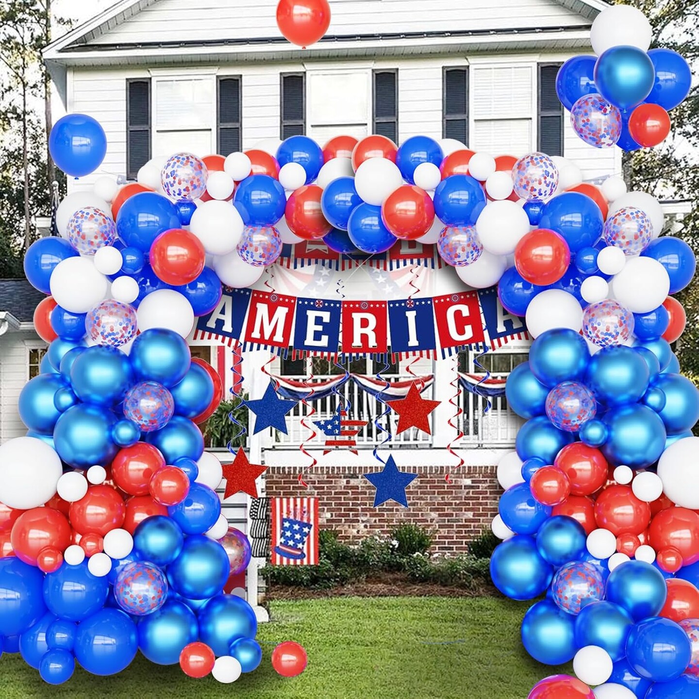 Different Size Red White and Blue Balloons Garland Arch Kit with Confetti Balloons for 4th of July