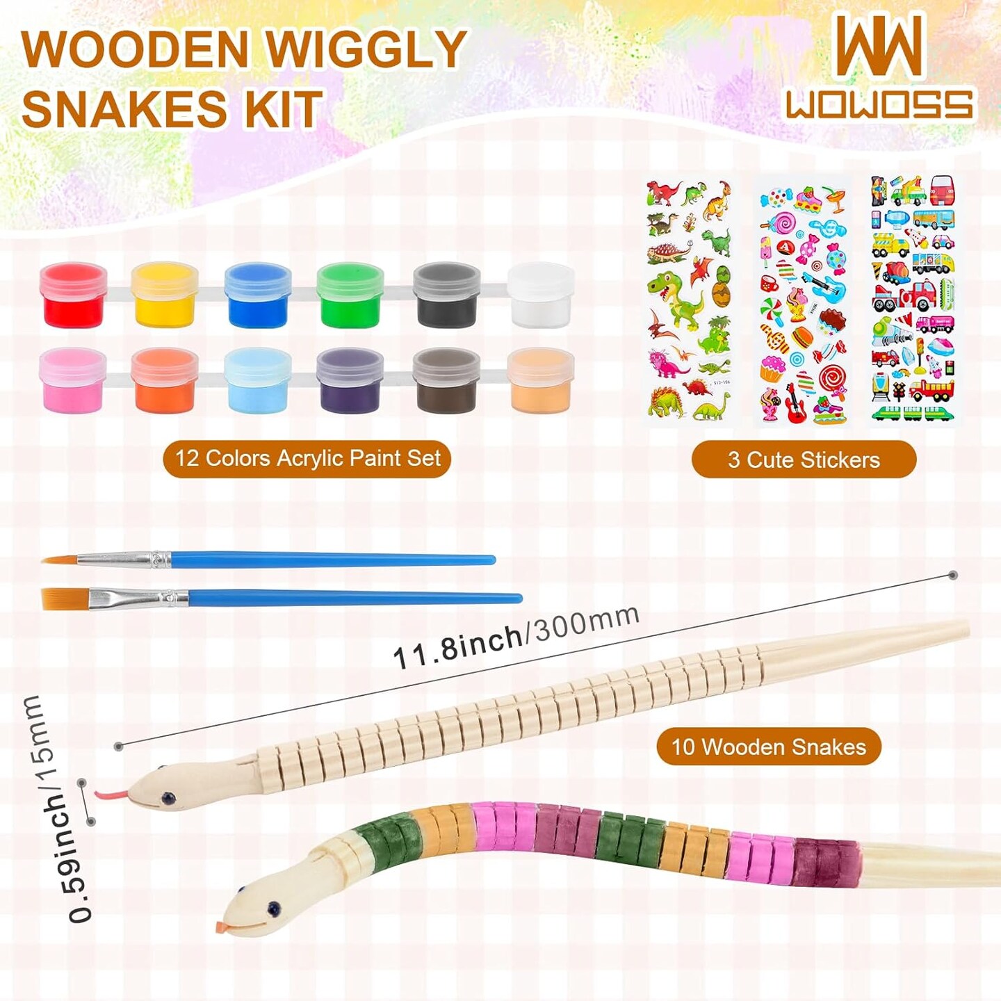 FORWOMLM 10 Unfinished Wooden Snake Crafts With Paints - Flexible Wiggle Snakes, 12 Acrylic Colors & 2 Brushes For DIY Art - View #6