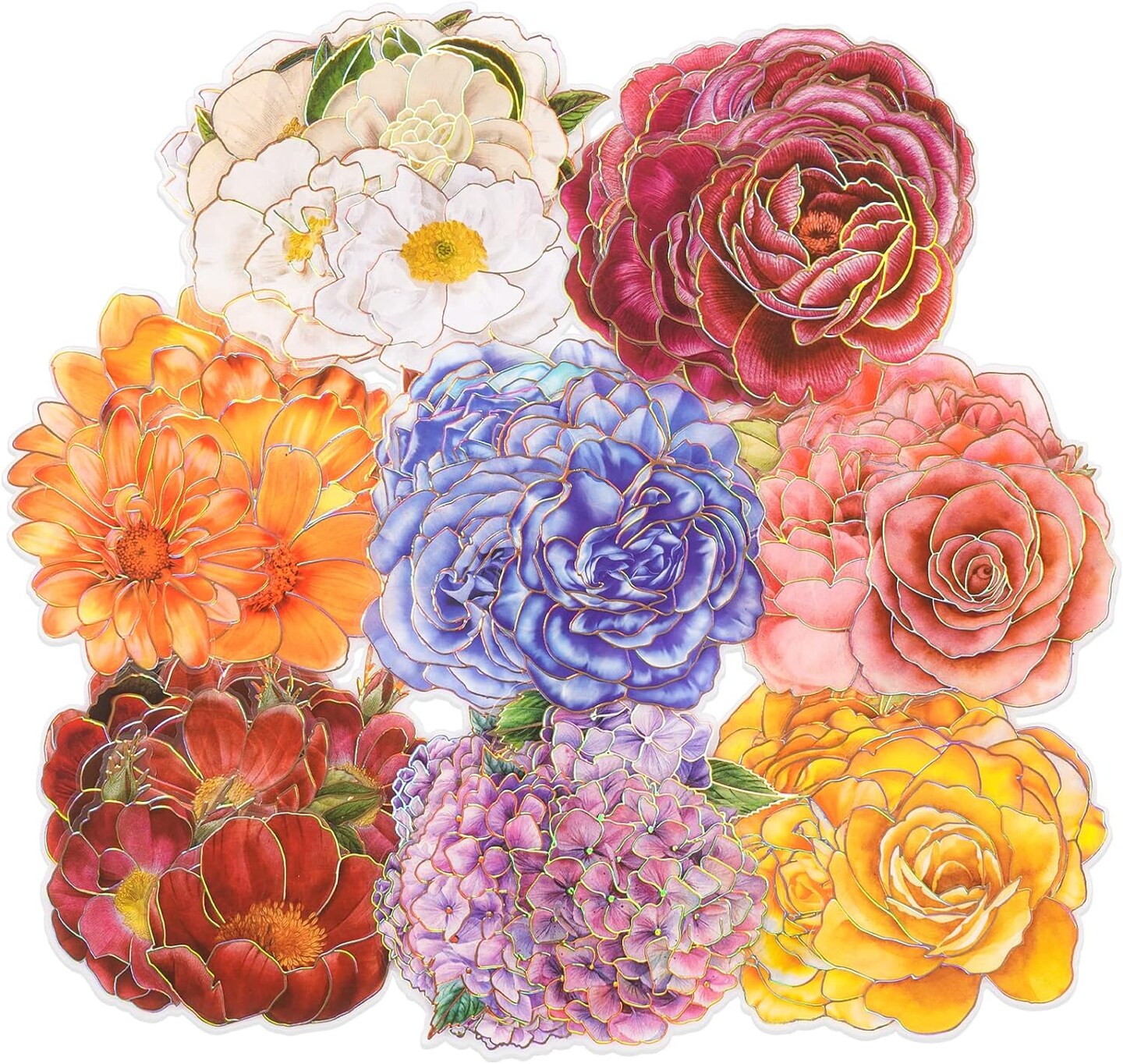 80 Pieces Large Size Flower Stickers with Gold Holographic Outlines