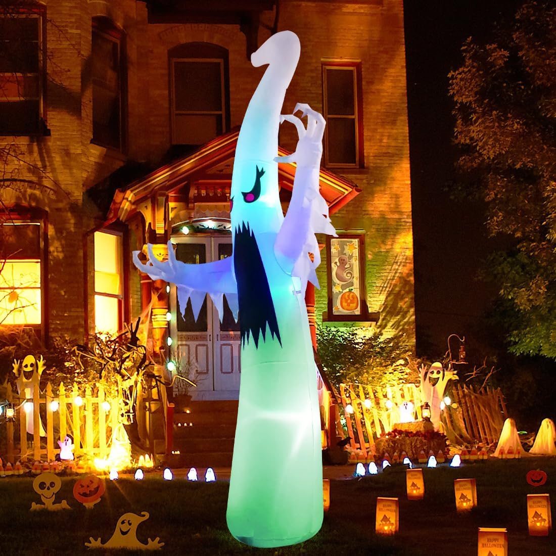 GOOSH 12FT Tall Inflatable Standing Halloween Ghost Yard Decoration, Rainbow Color-LED Lights