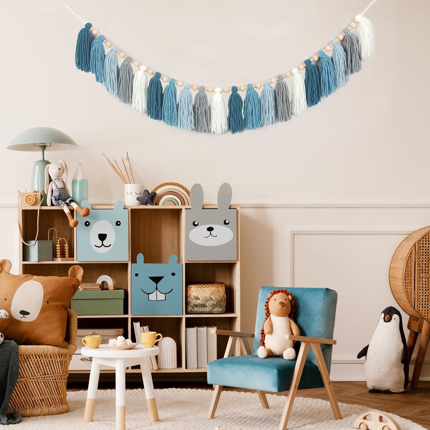 Yarn Tassel Garland with Wood Beads Boho Bunting Banner Wall Hanging(Light Blue)