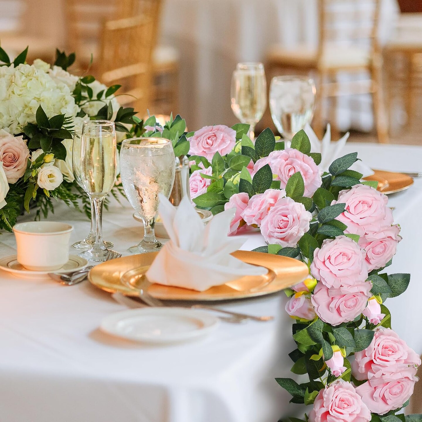 2Pcs 15.5Ft Artificial Rose Vine Fake Flower Garland Floral Garland Faux Silk (Pink)