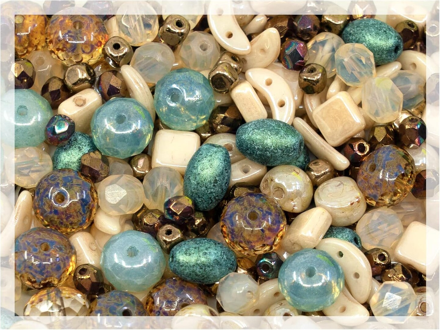 Mix of Unique Czech Bohemia Glass Pressed Beads, Matte and Glossy, Hand Made, Beige Blue Luster