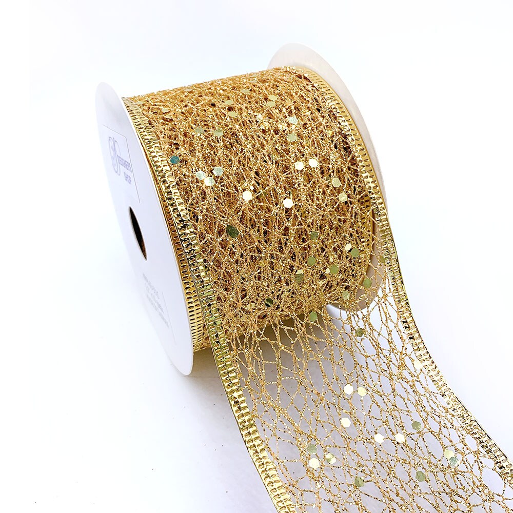 Designer&#x2019;s Shop WR 63-5115 2.5&#x201D; x 10 yard Holiday Metallic Gold Sparking Glitter Mesh wired edge ribbons