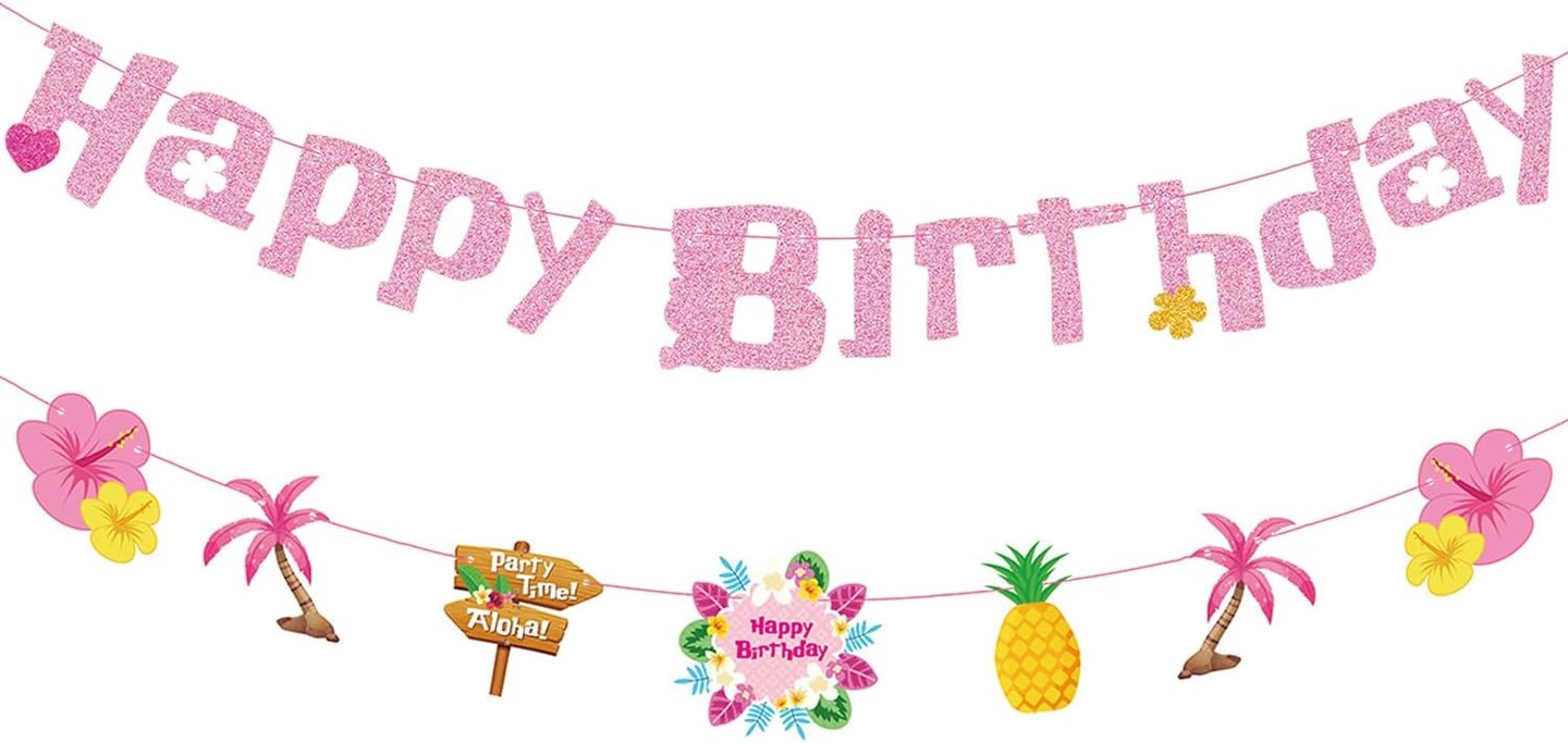 Hawaiian Birthday Banner - Pink Tropical Happy Birthday Banner