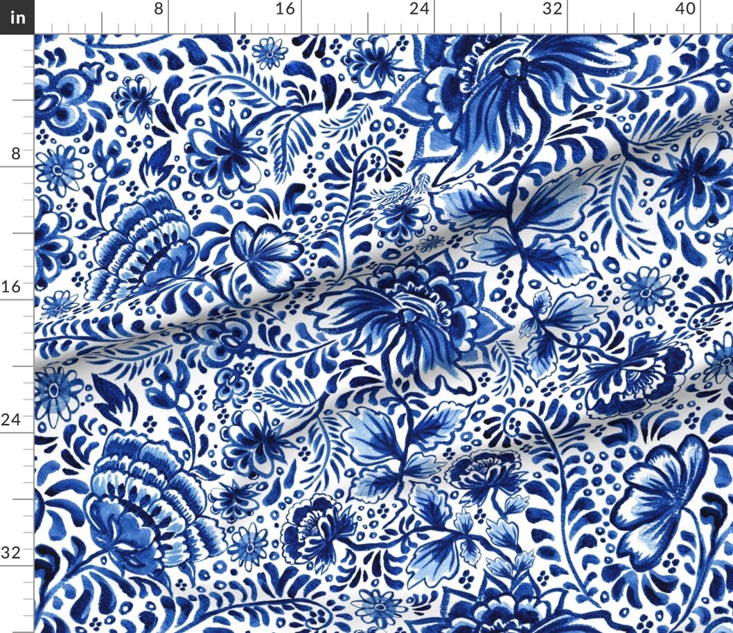 Various Fabrics by the Yard or Fat Quarter Watercolor Cottagecore Floral Traditional Classic Hand Painted Brush Strokes Chinoiserie Flowers Blue And White Jumbo Scale Monochromatic Custom Printed Fabric by Spoonflower