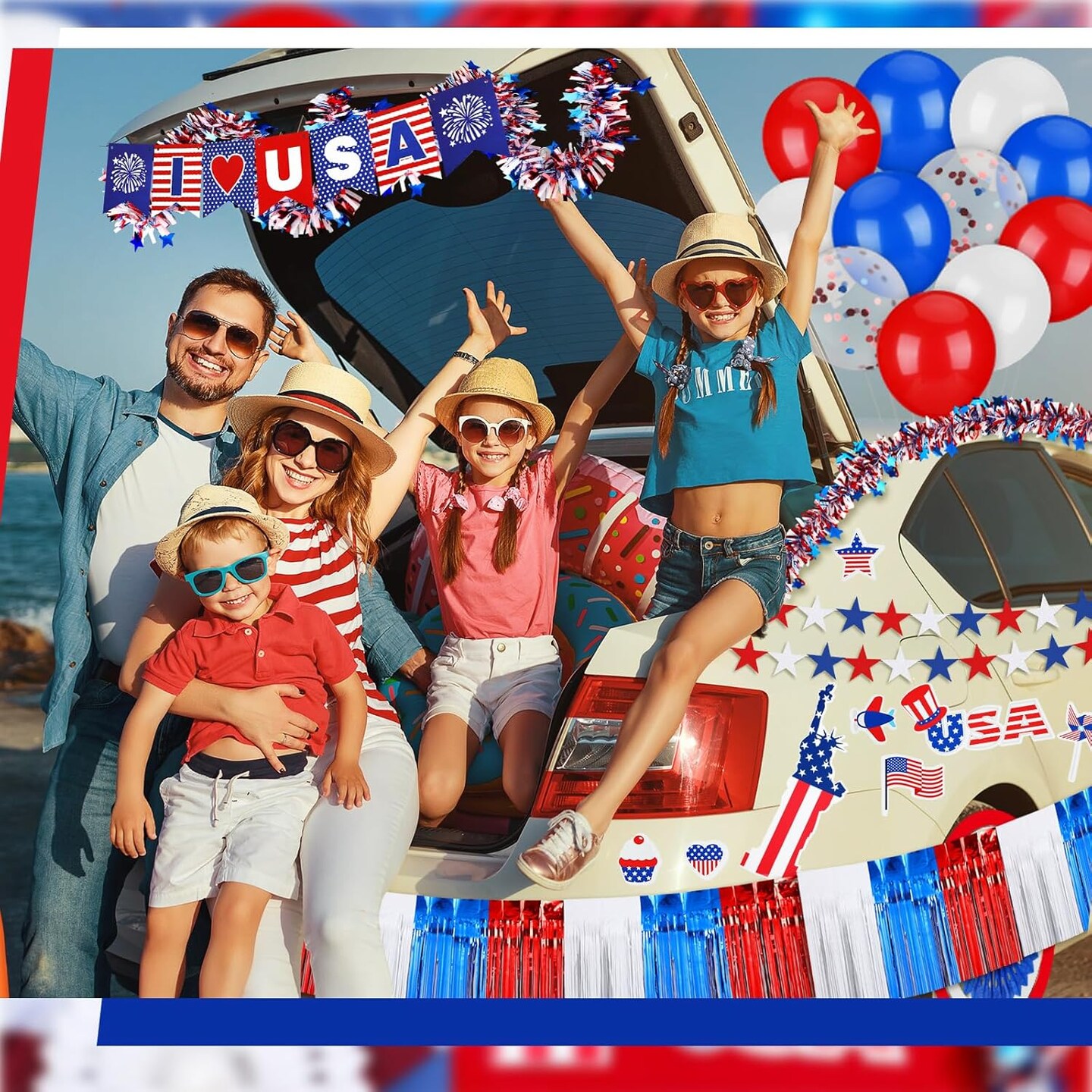 4th of July Golf Cart Decorations Kit Parade Patriotic Red White Blue Tinsel Garlands American Flag Crepe Paper Streamers Balloons Banners