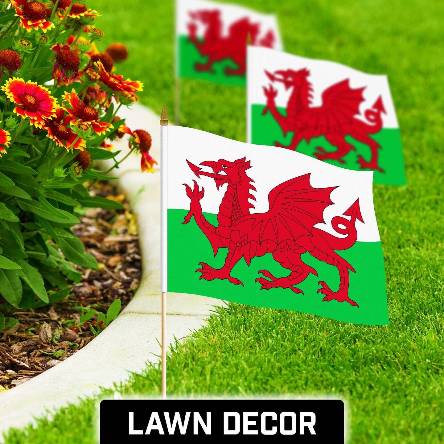 G128 24 Pack Handheld Wales Welsh Stick Flags | 12x18 In | Printed 150D Polyester, Country Flag, Solid Wooden Stick, Spear Gold Tip