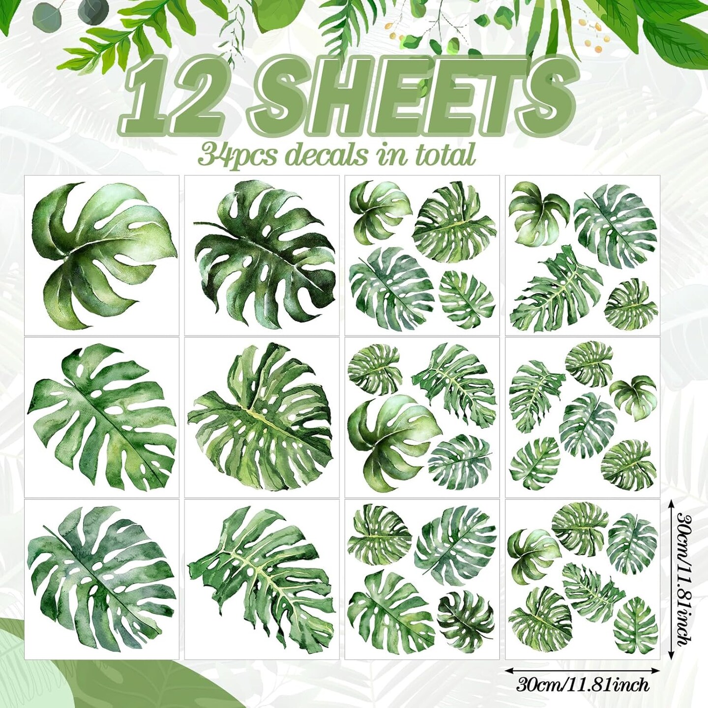 34 Pcs Large Palm Leaves Wall Decals Tropical Leaves Wall Stickers