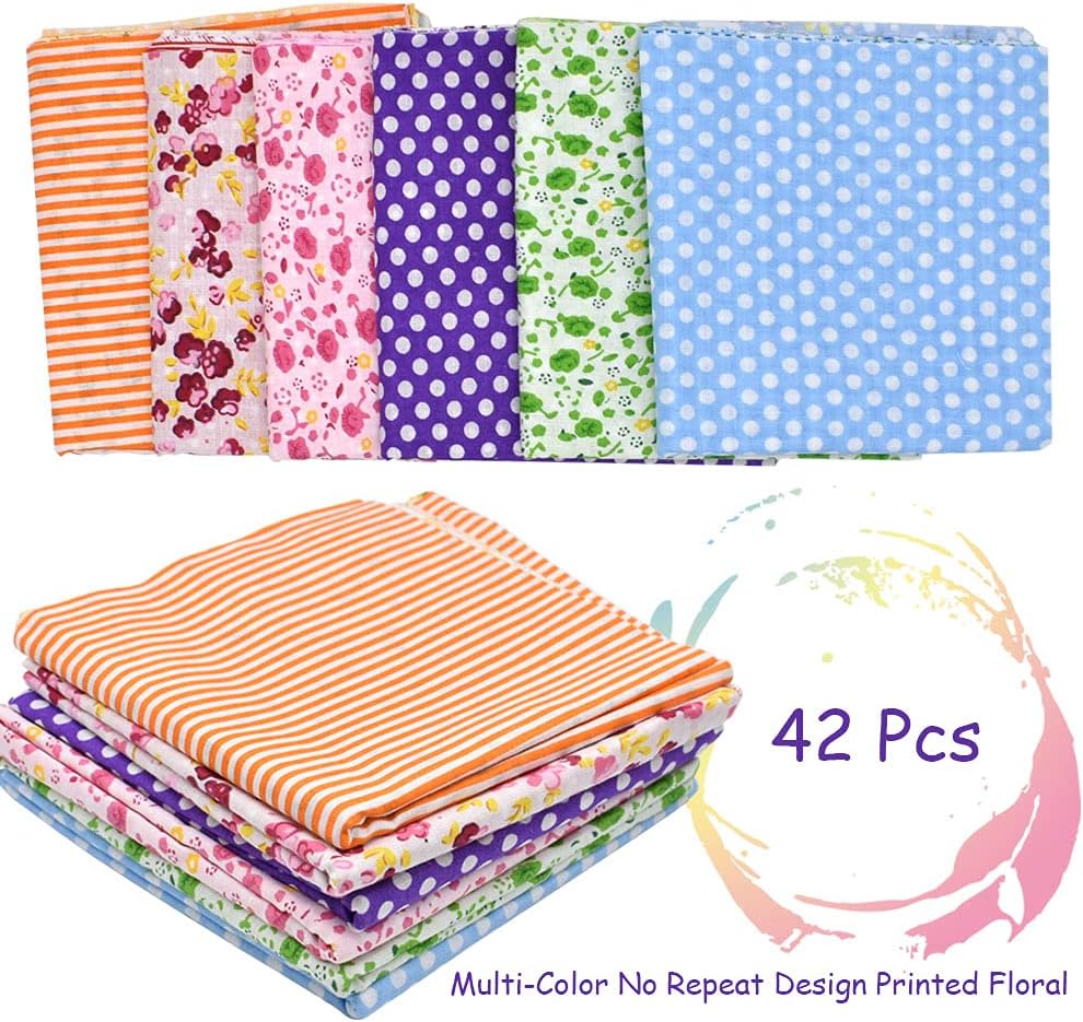 42Pcs Quilting Cotton Fabric Squares Sheets Pre-Cut (Red/Pink/Yellow/Green/Blue/Purple)