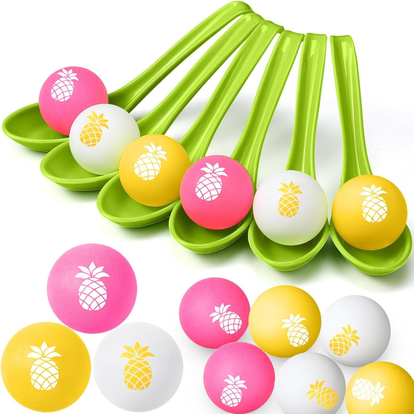 12 Pcs Luau Games Hawaiian Spoon Race Games Toy Set Luau Party Favors Tropical Summer Birthday Party Themed Ball and Spoon Race Game for Aloha Party Supplies(Green,Pineapple)
