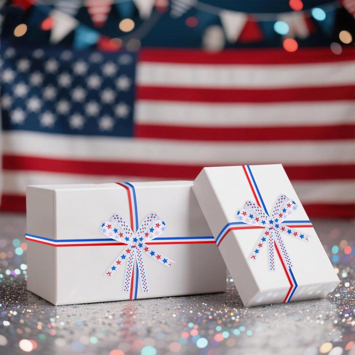 6 Rolls Patriotic Grosgrain Ribbon 4th of July Ribbons with Red White Blue Patriotic Stars Polka Dot Stripes